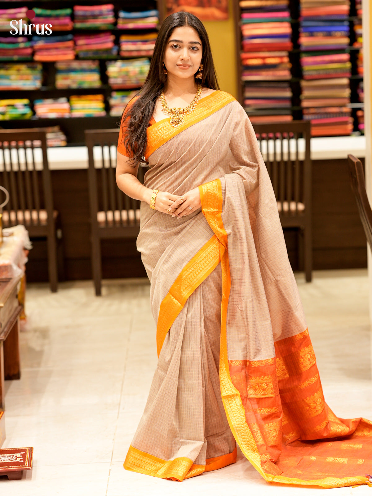 Beige & Orange- Kalyani Cotton Saree