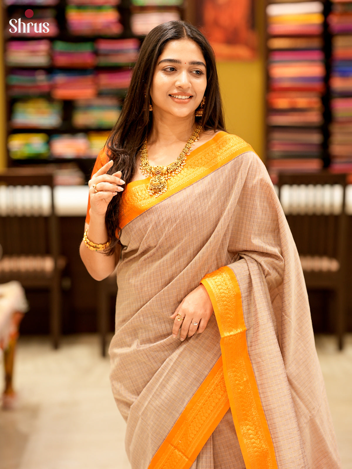Beige & Orange- Kalyani Cotton Saree