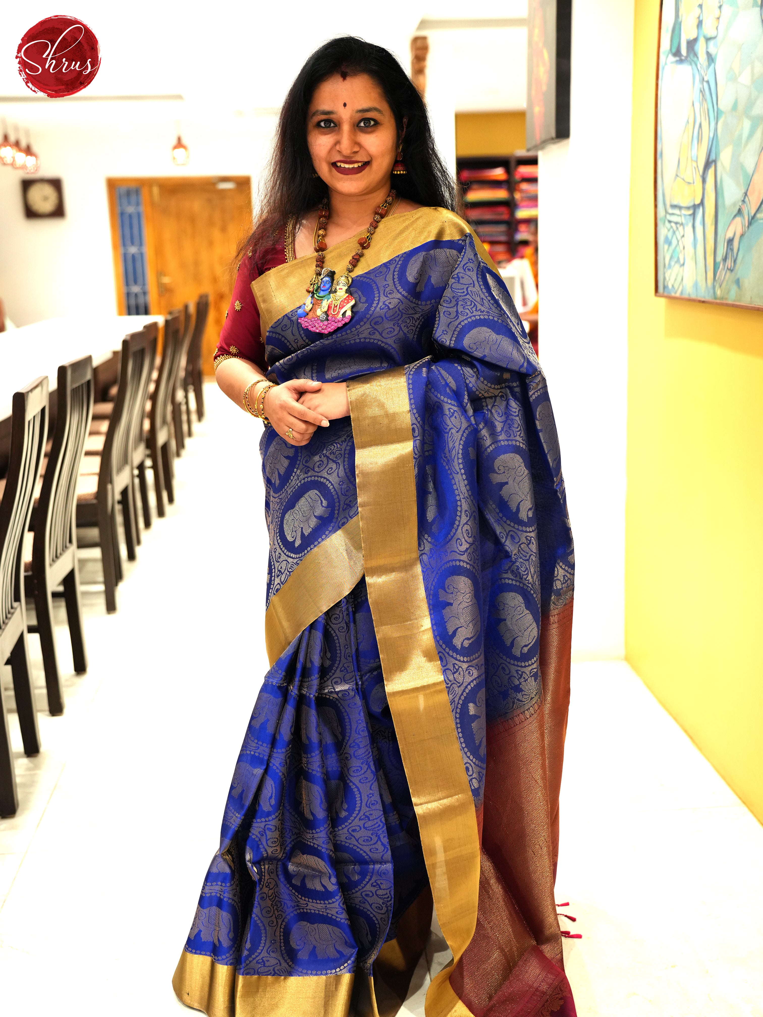 Blue & Maroon -Soft Silk Saree with Elephant motifs in brocade on the body & Zari Border - Shop on ShrusEternity.com