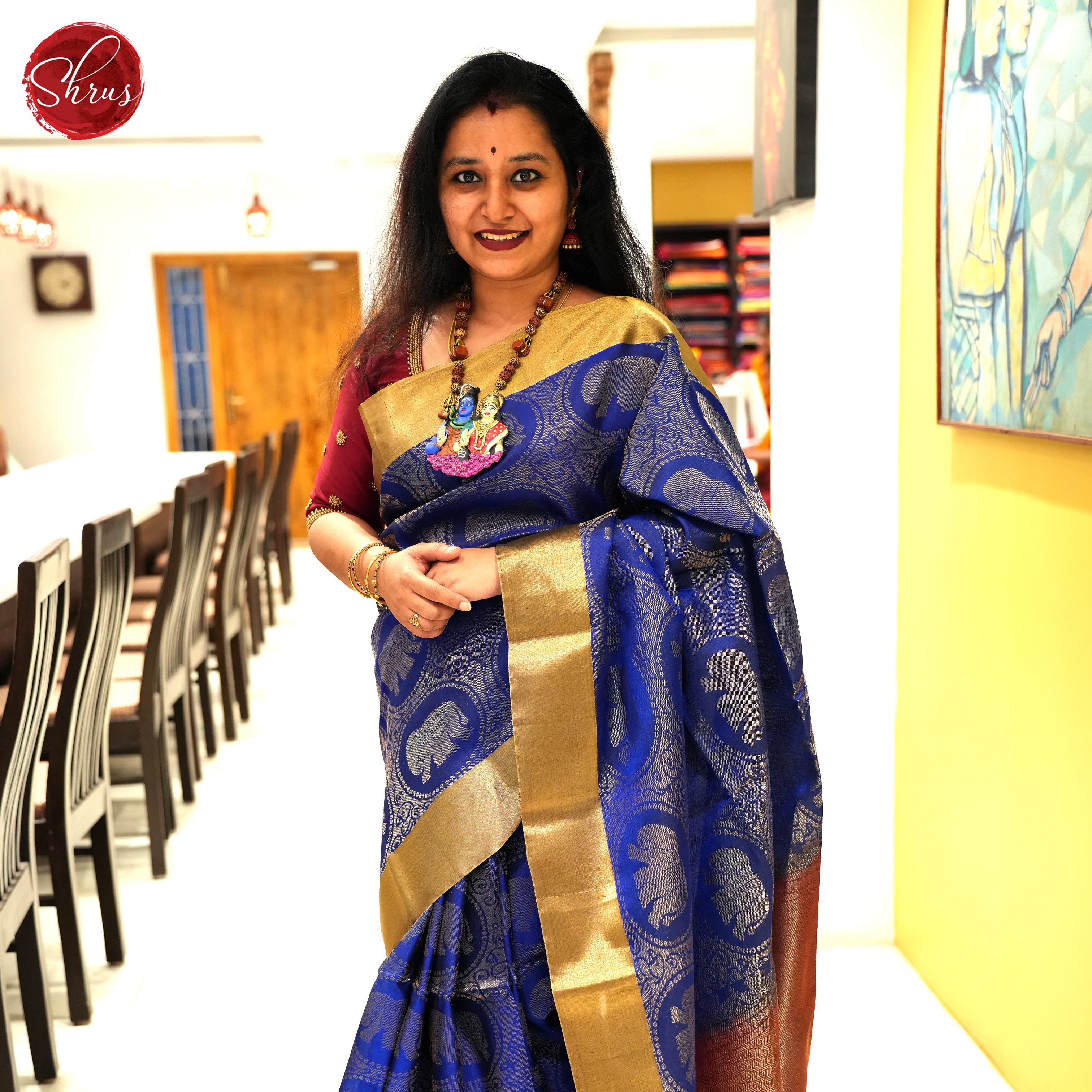 Blue & Maroon -Soft Silk Saree with Elephant motifs in brocade on the body & Zari Border - Shop on ShrusEternity.com