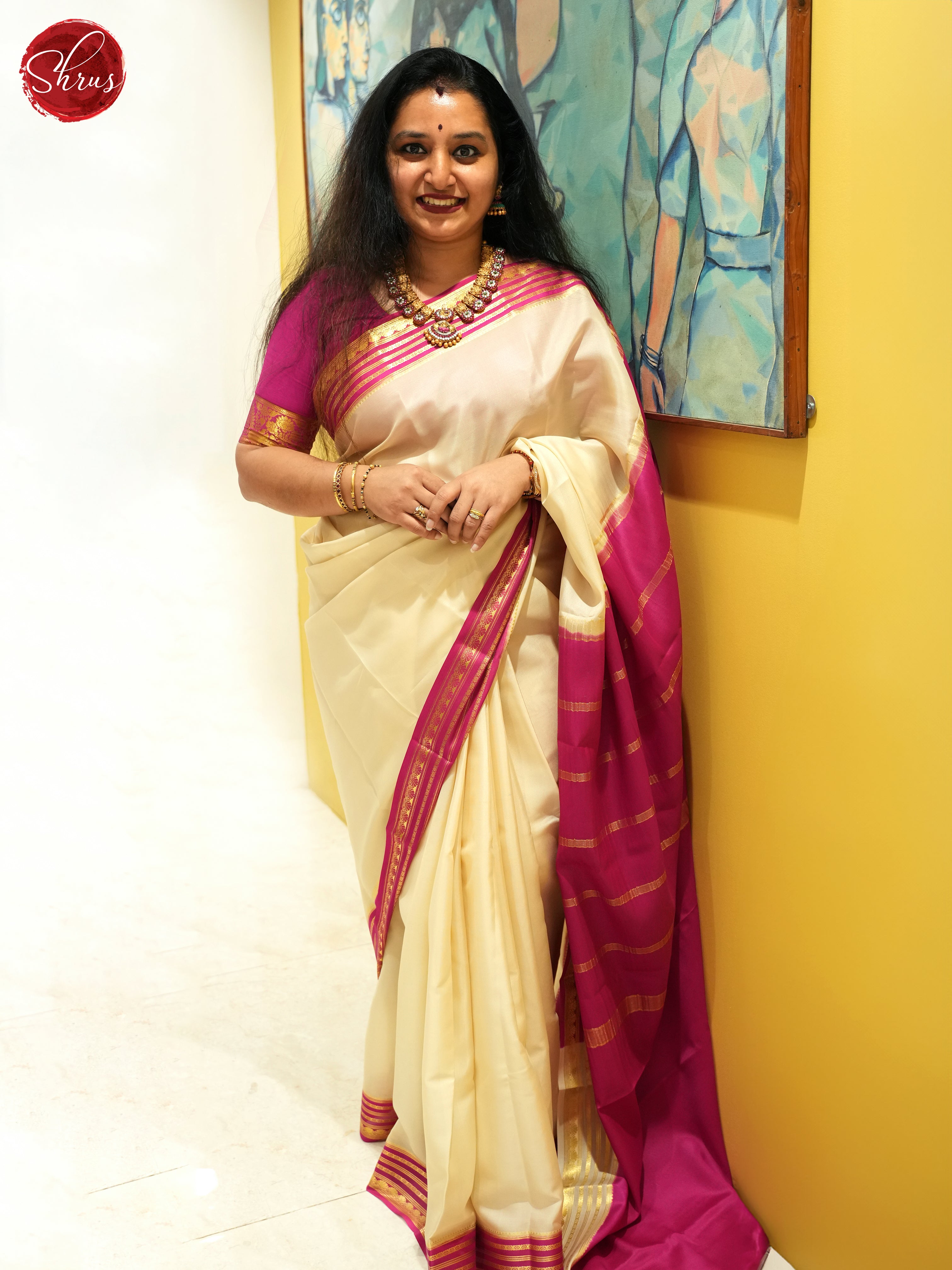 Cream And Pink- Mysore Silk Saree - Shop on ShrusEternity.com