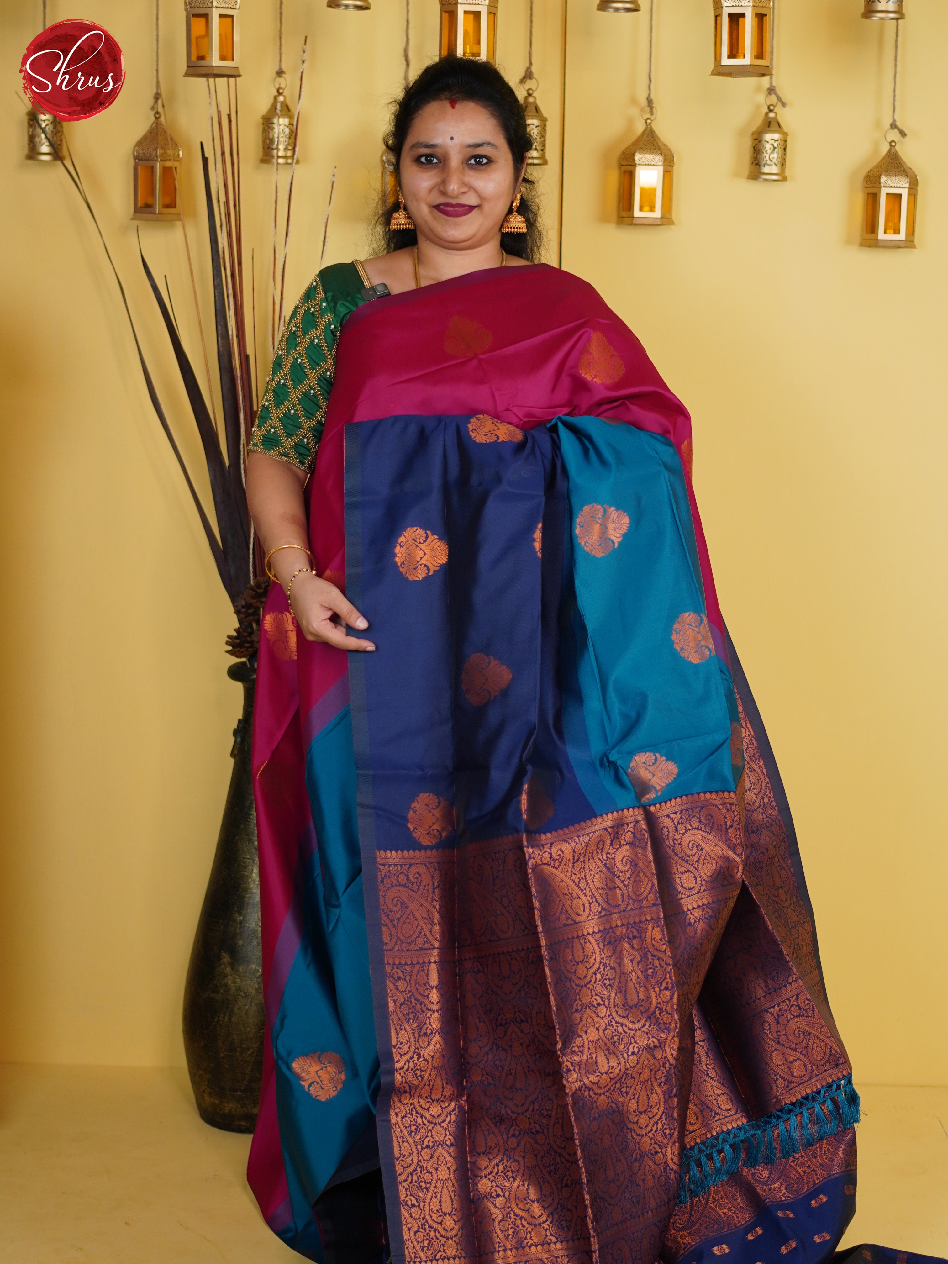 Pink, Blue & Navy Blue - Semi Softsilk Saree - Shop on ShrusEternity.com