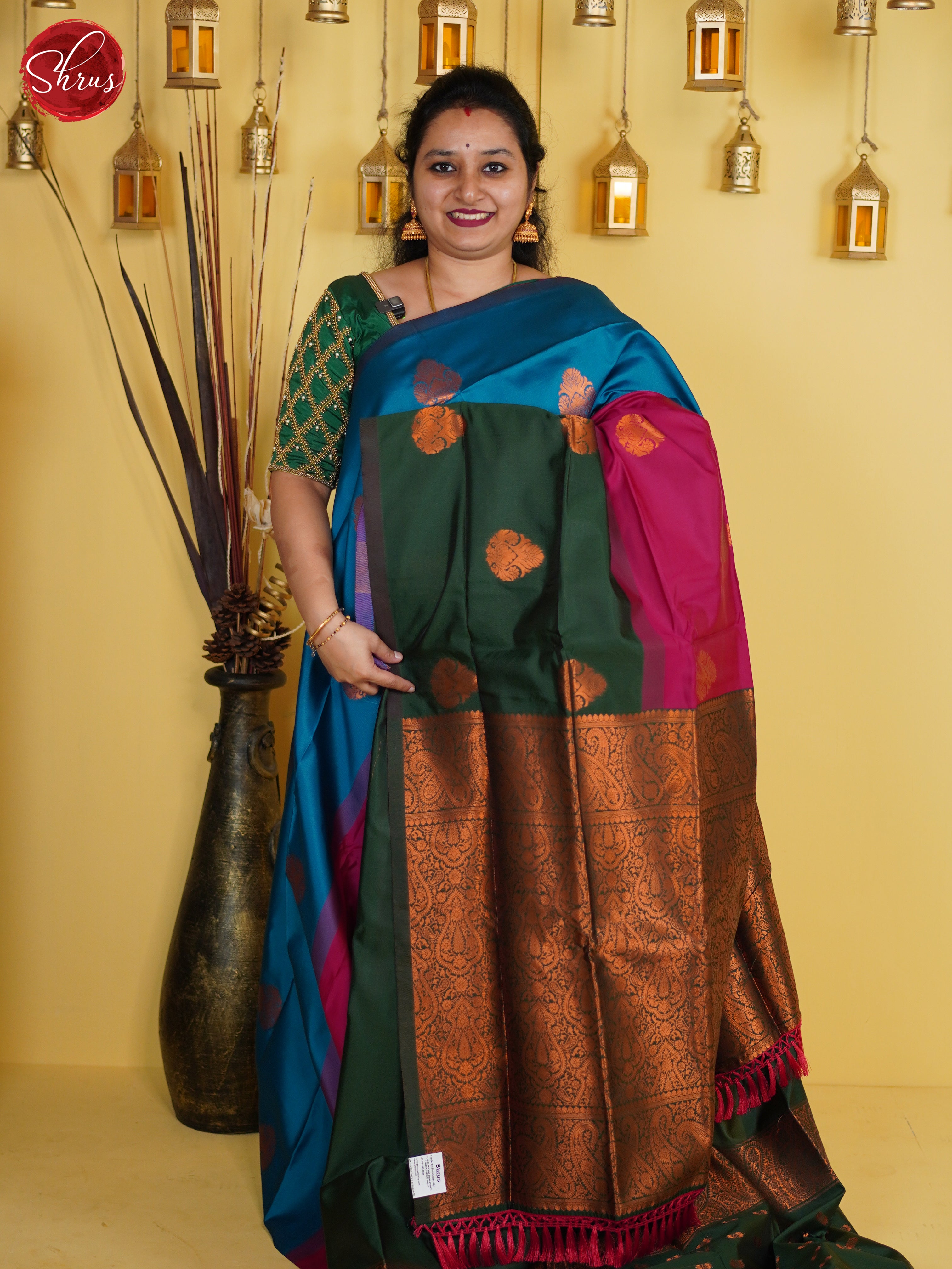 Blue , Pink , Green - Semi Softsilk Saree - Shop on ShrusEternity.com