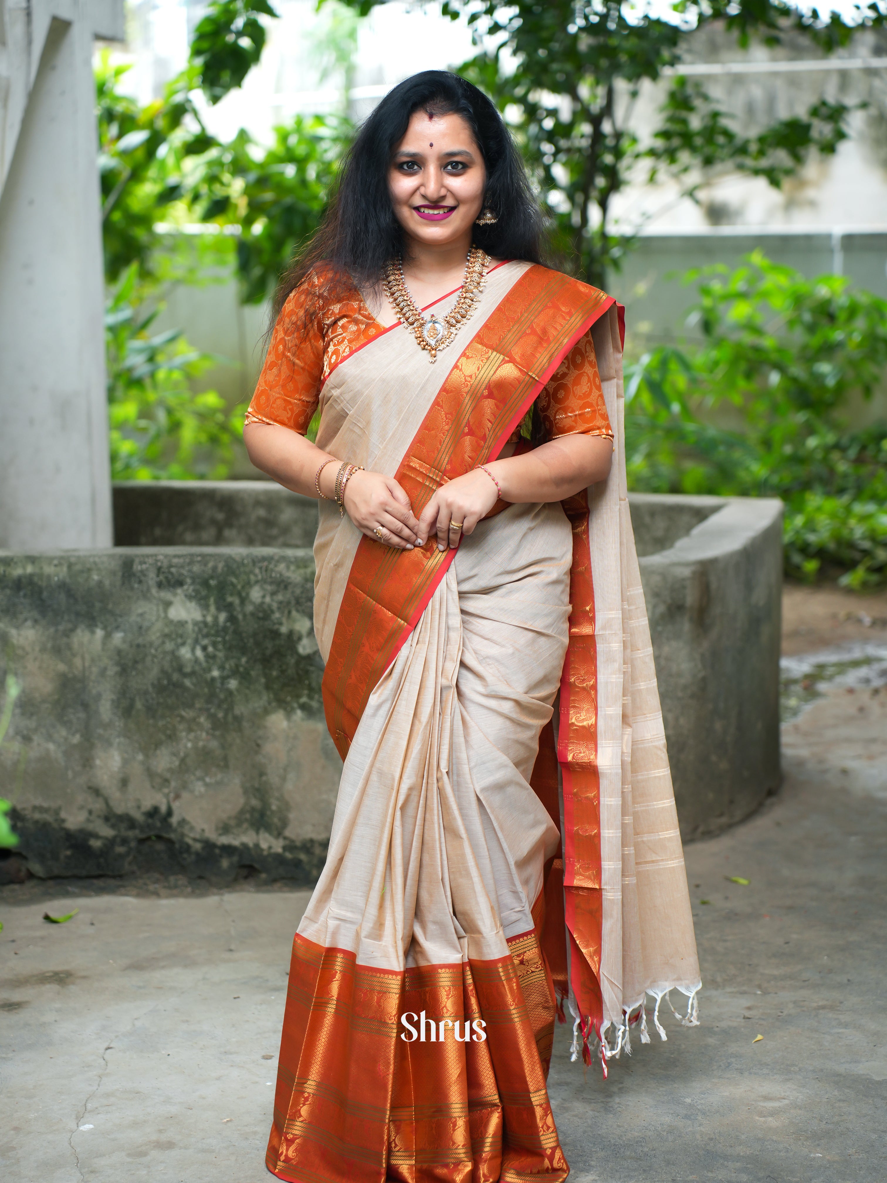 Cream & Red - Narayanpet Cotton - Shop on ShrusEternity.com