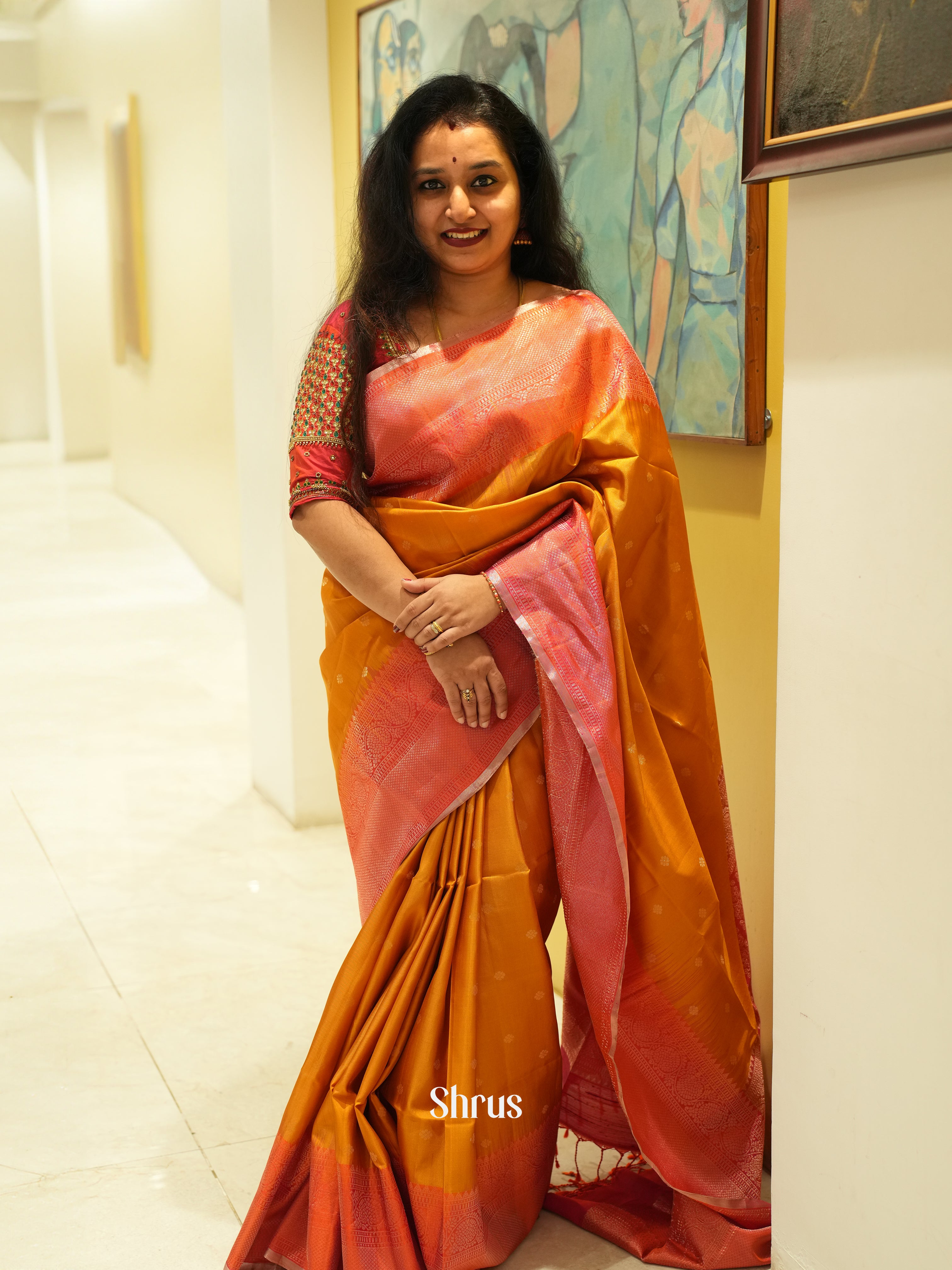 Mustard And Pink- Soft Silk Saree - Shop on ShrusEternity.com