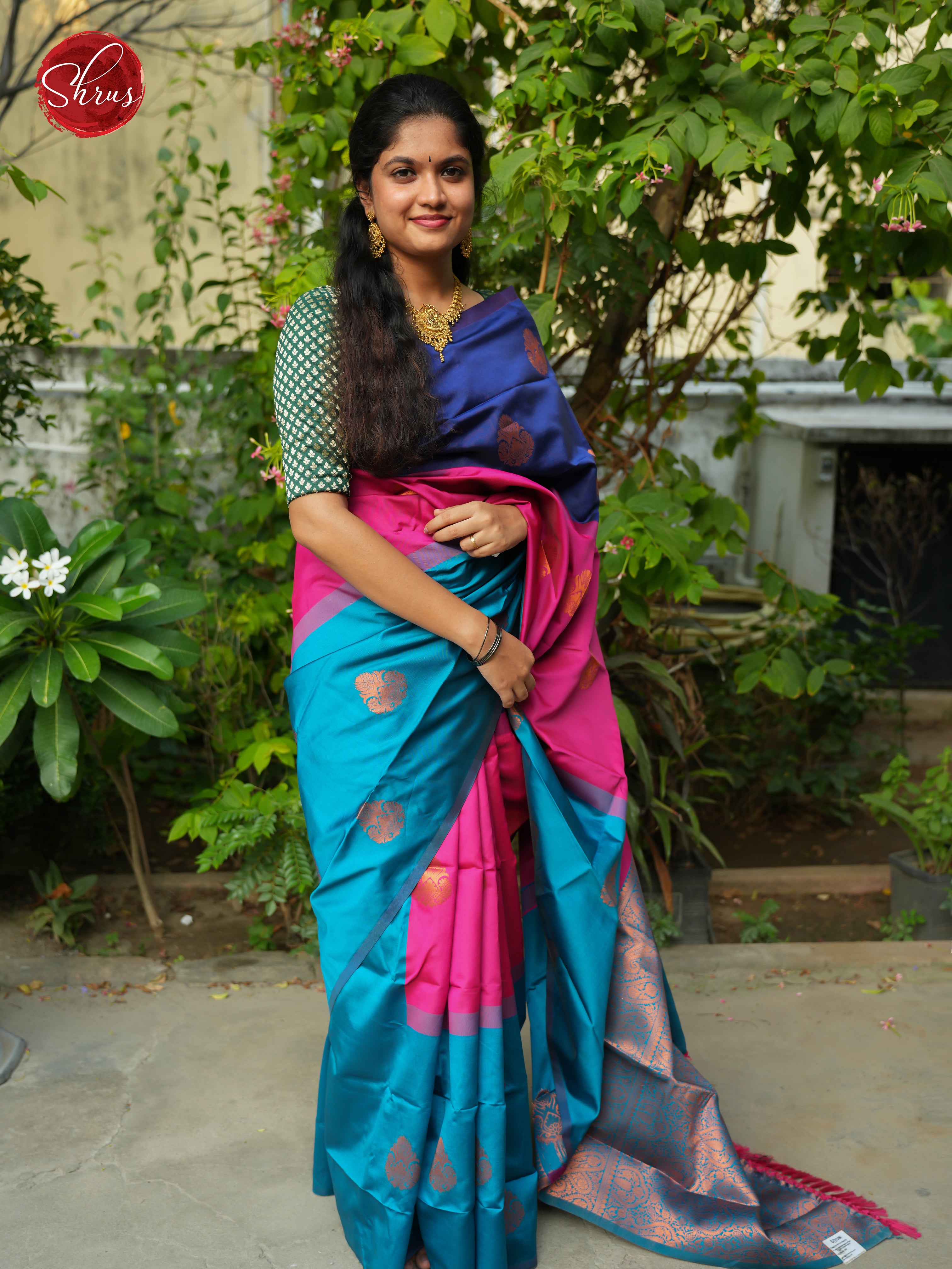 Blue , Pink , Navy Blue- Semi Softsilk Saree - Shop on ShrusEternity.com