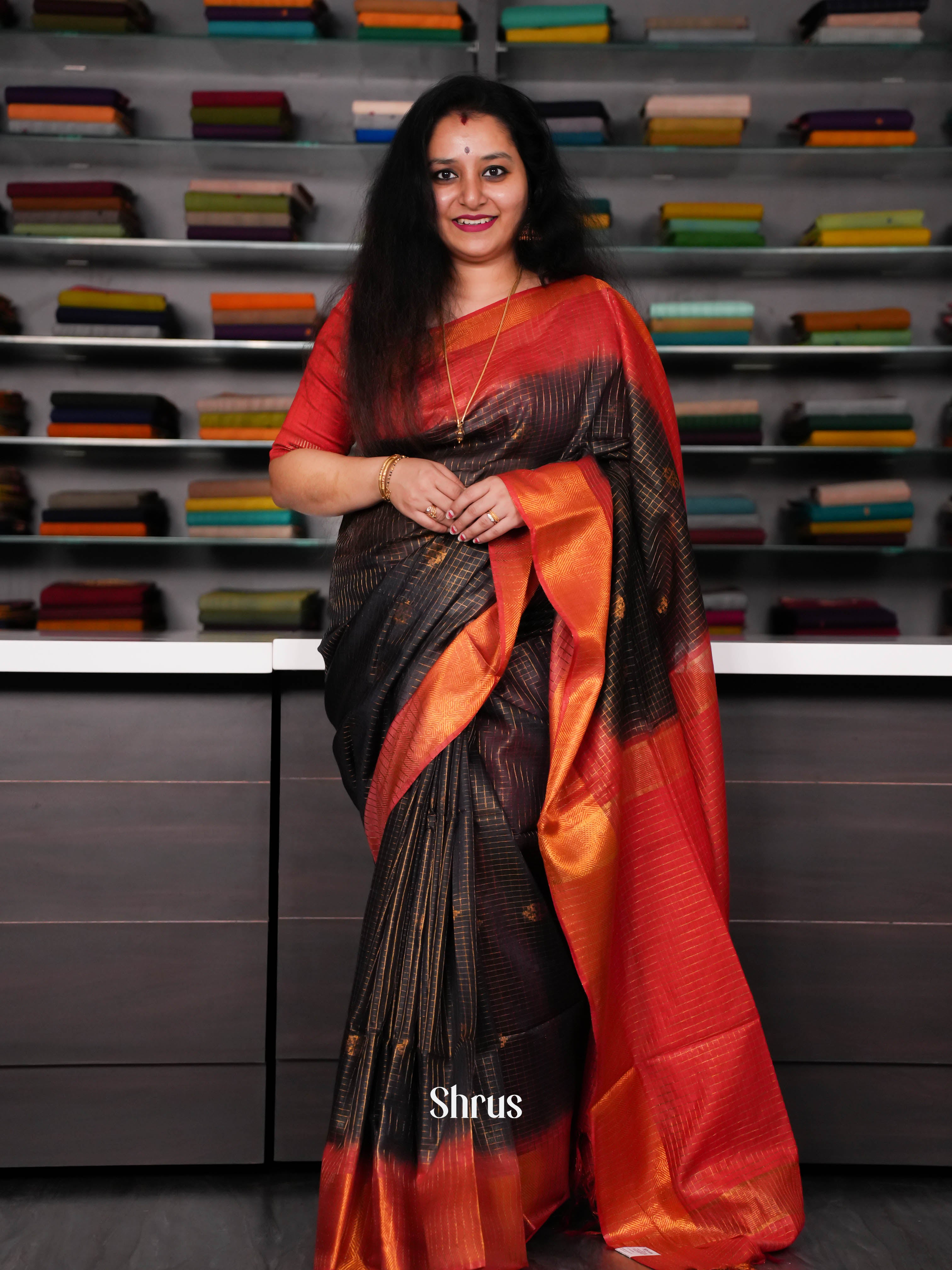 Blue & Red - Semi Tussar Saree - Shop on ShrusEternity.com