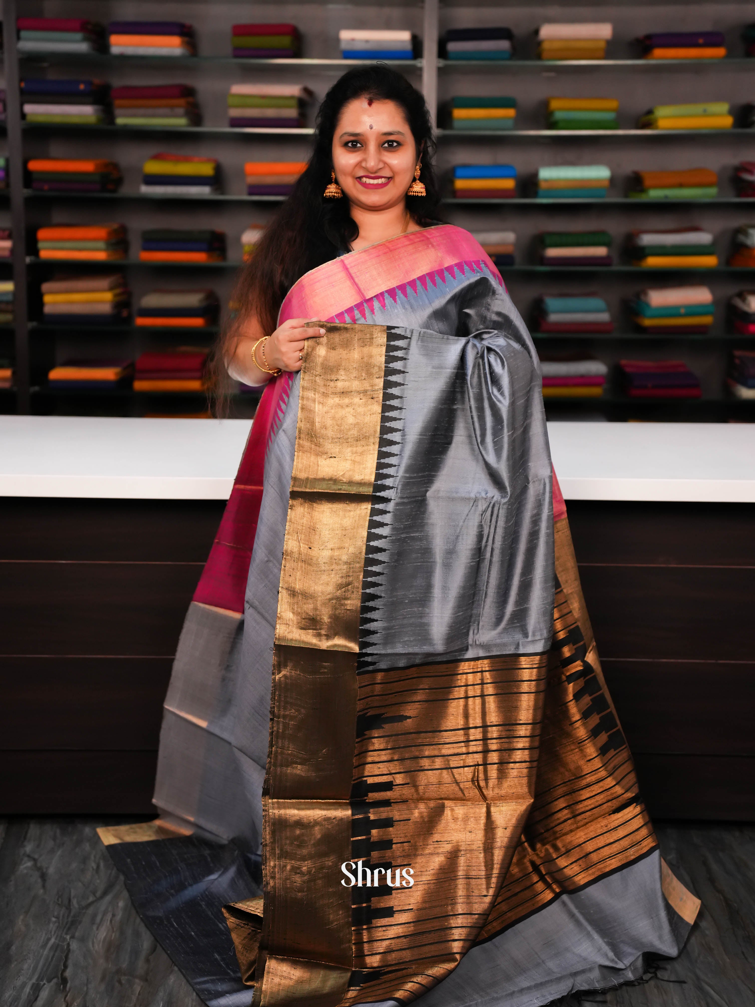 Grey & Pink - Raw Silk Saree - Shop on ShrusEternity.com