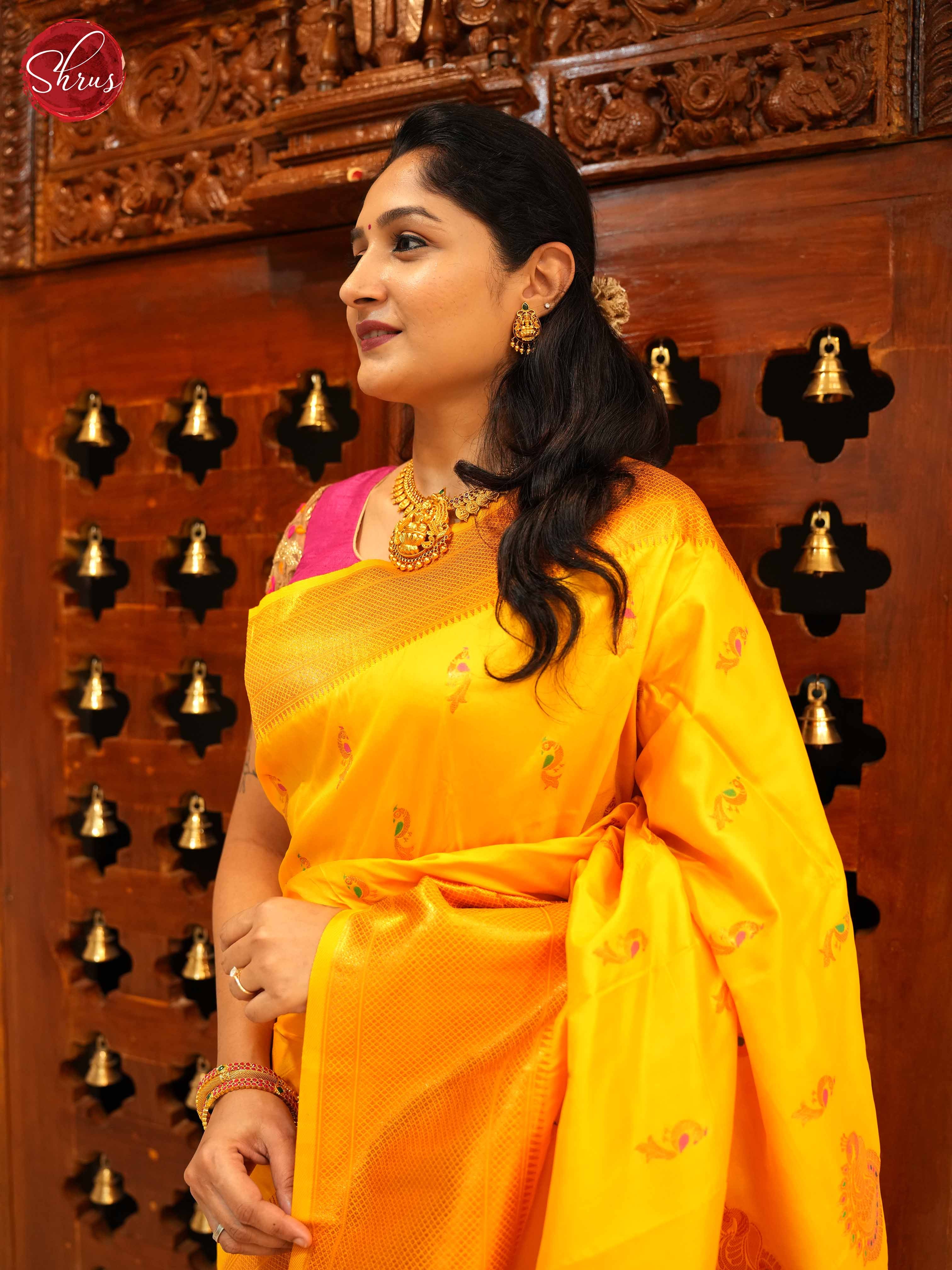 Yellow (single tone)- Semi Kanchipuram Saree - Shop on ShrusEternity.com