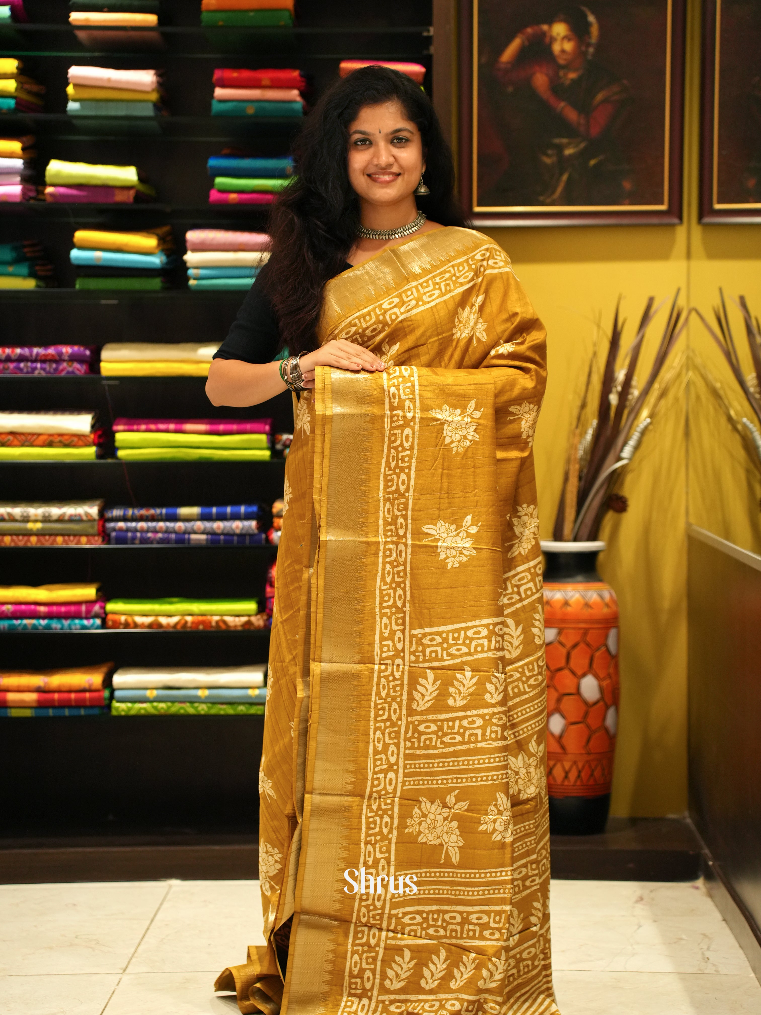 Mustard(Single Tone)- Semi crepe Saree - Shop on ShrusEternity.com