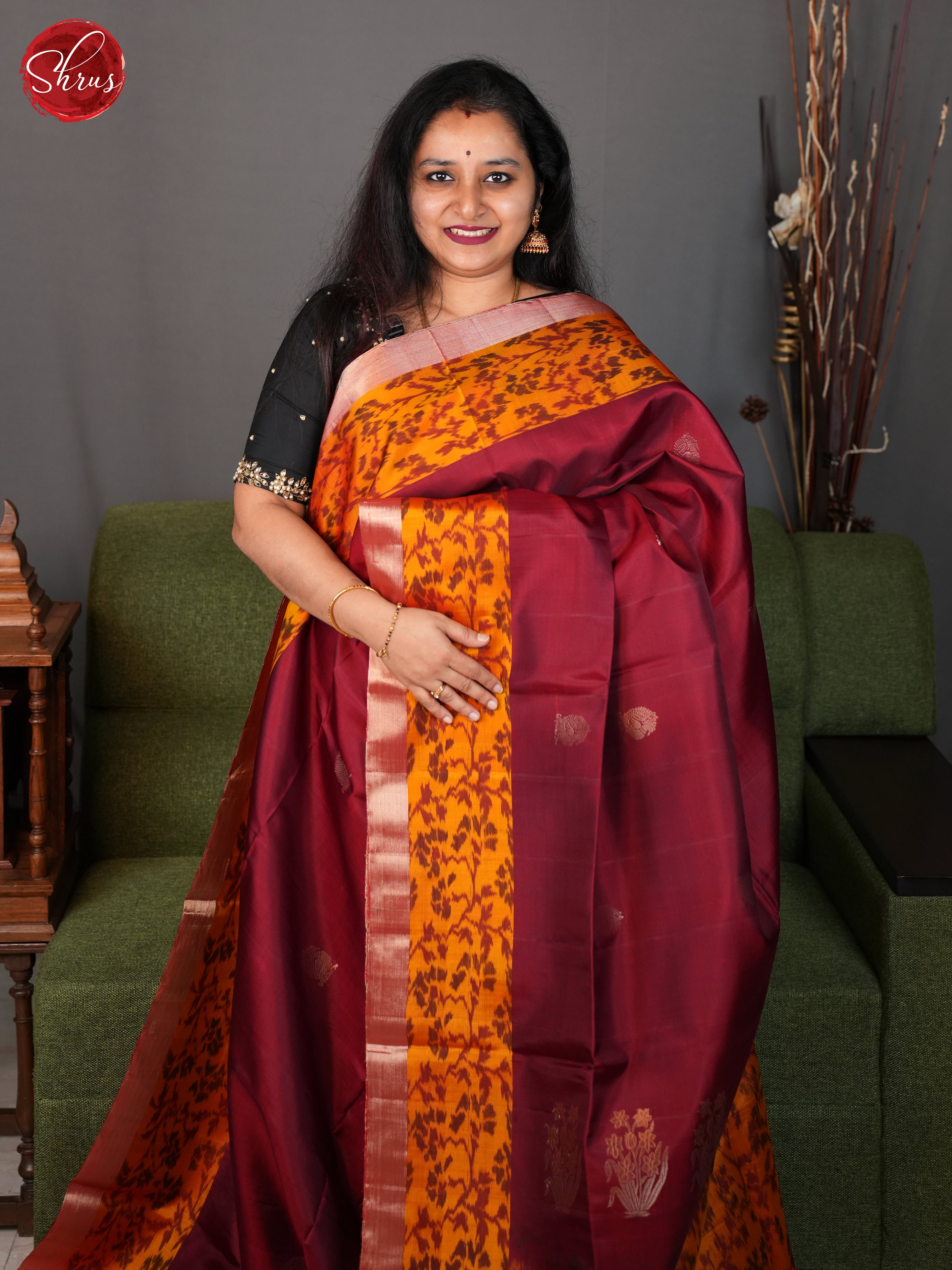 Araku Maroon And Mustard-Soft Silk saree - Shop on ShrusEternity.com