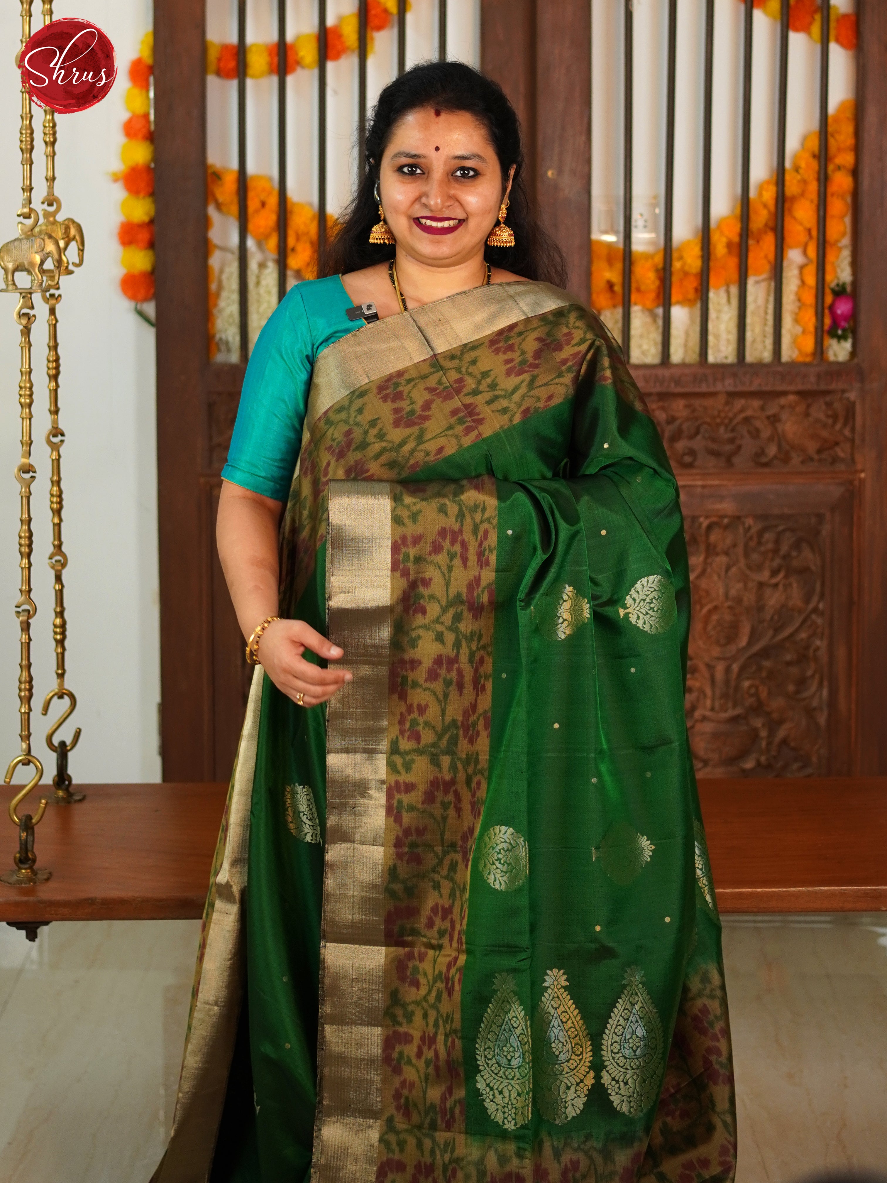 bottle green and beige- Soft Silk Saree - Shop on ShrusEternity.com
