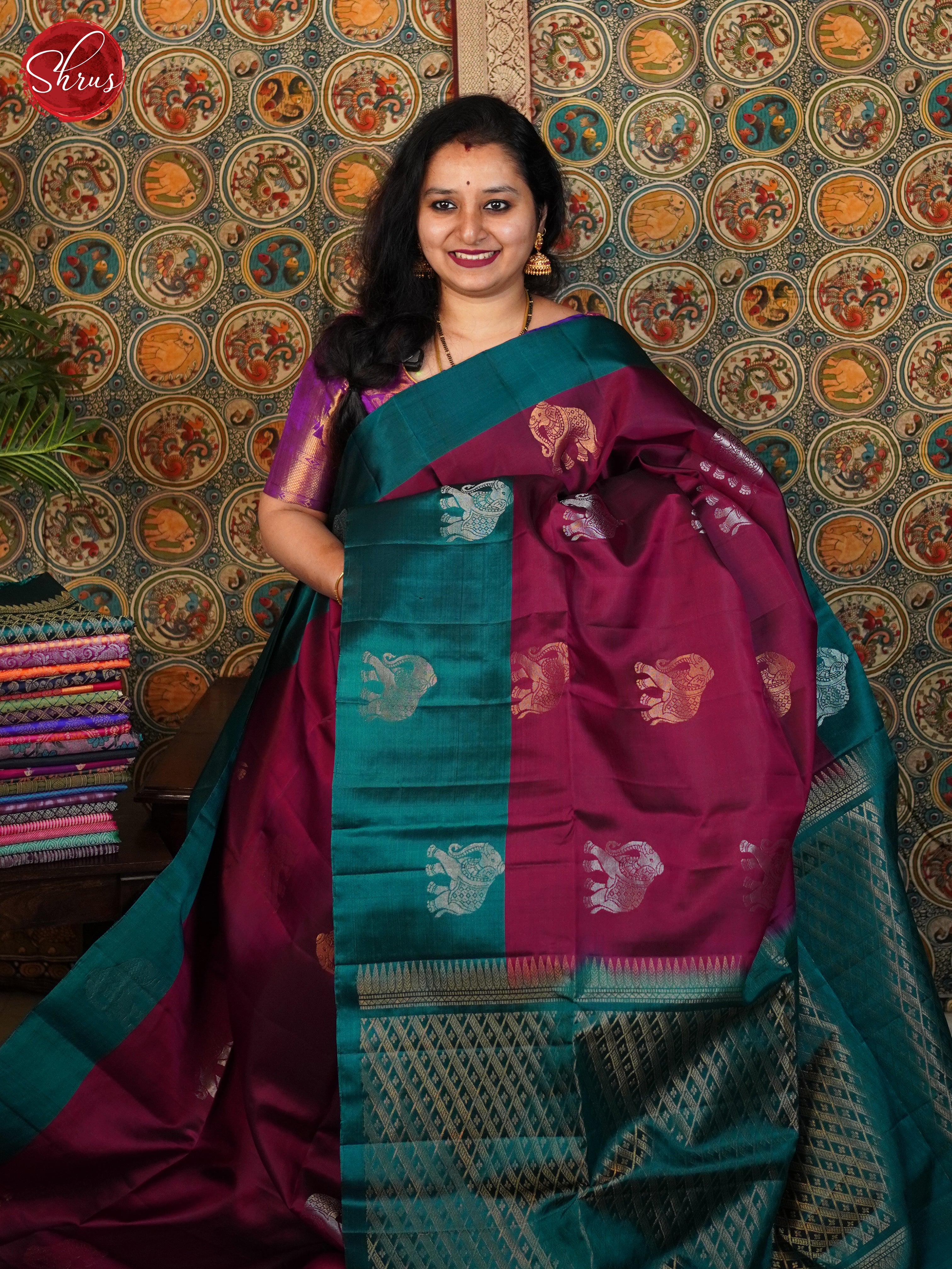 Maroon And Peacock Neck-Soft silk saree - Shop on ShrusEternity.com