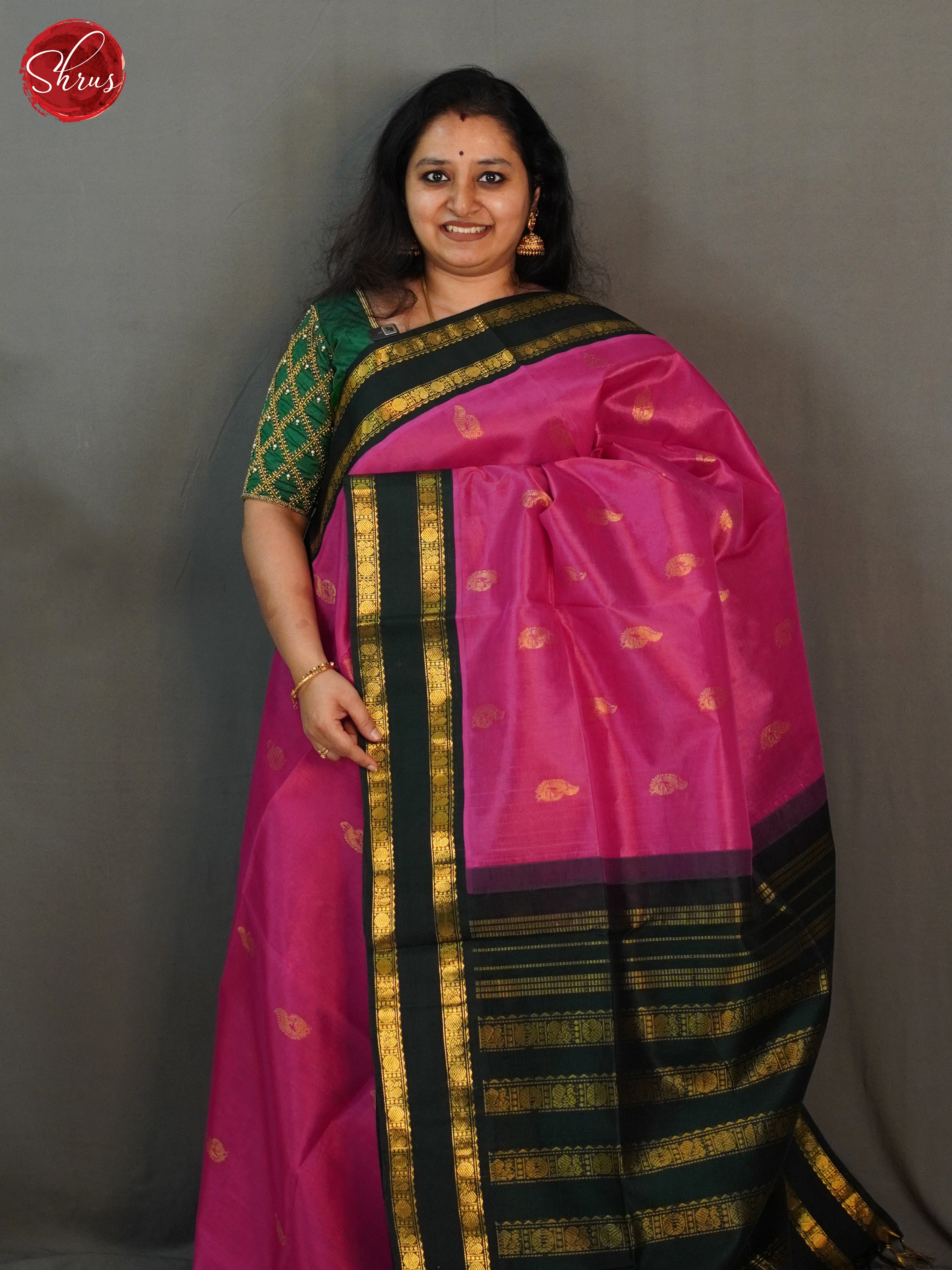 Pink and Bottle green-Silk Cotton Saree - Shop on ShrusEternity.com