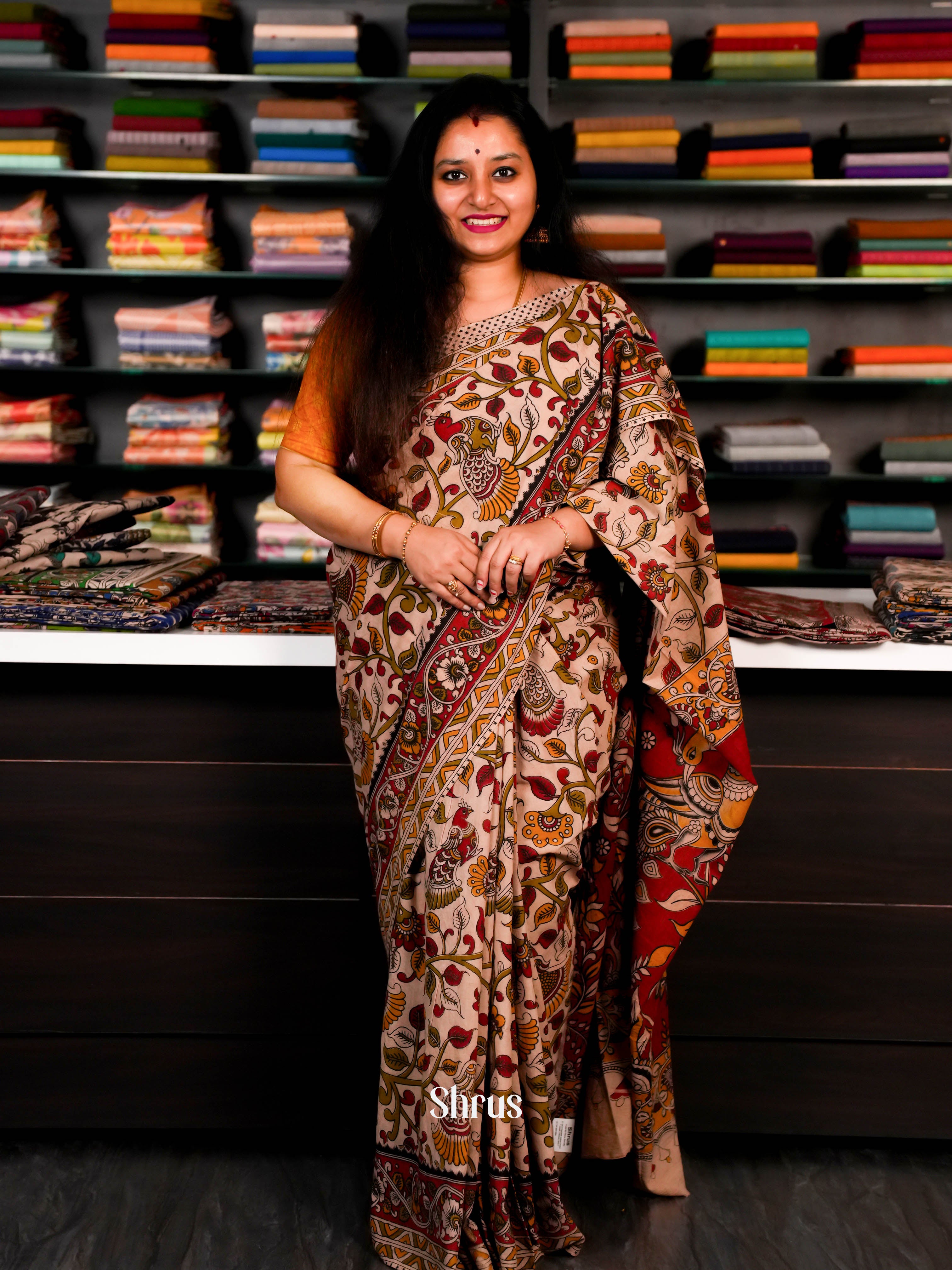 Cream & Red - kalamkari-cotton Saree - Shop on ShrusEternity.com