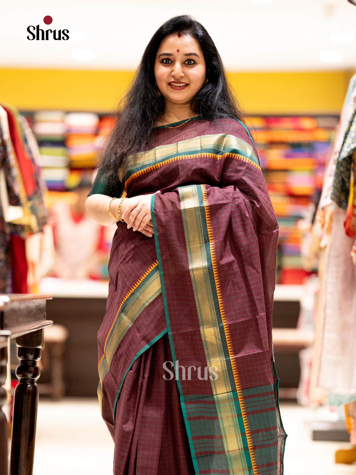Maroon & Green - Chettinad Cotton - Saree-EAS30719 - Shop on Shrus.com