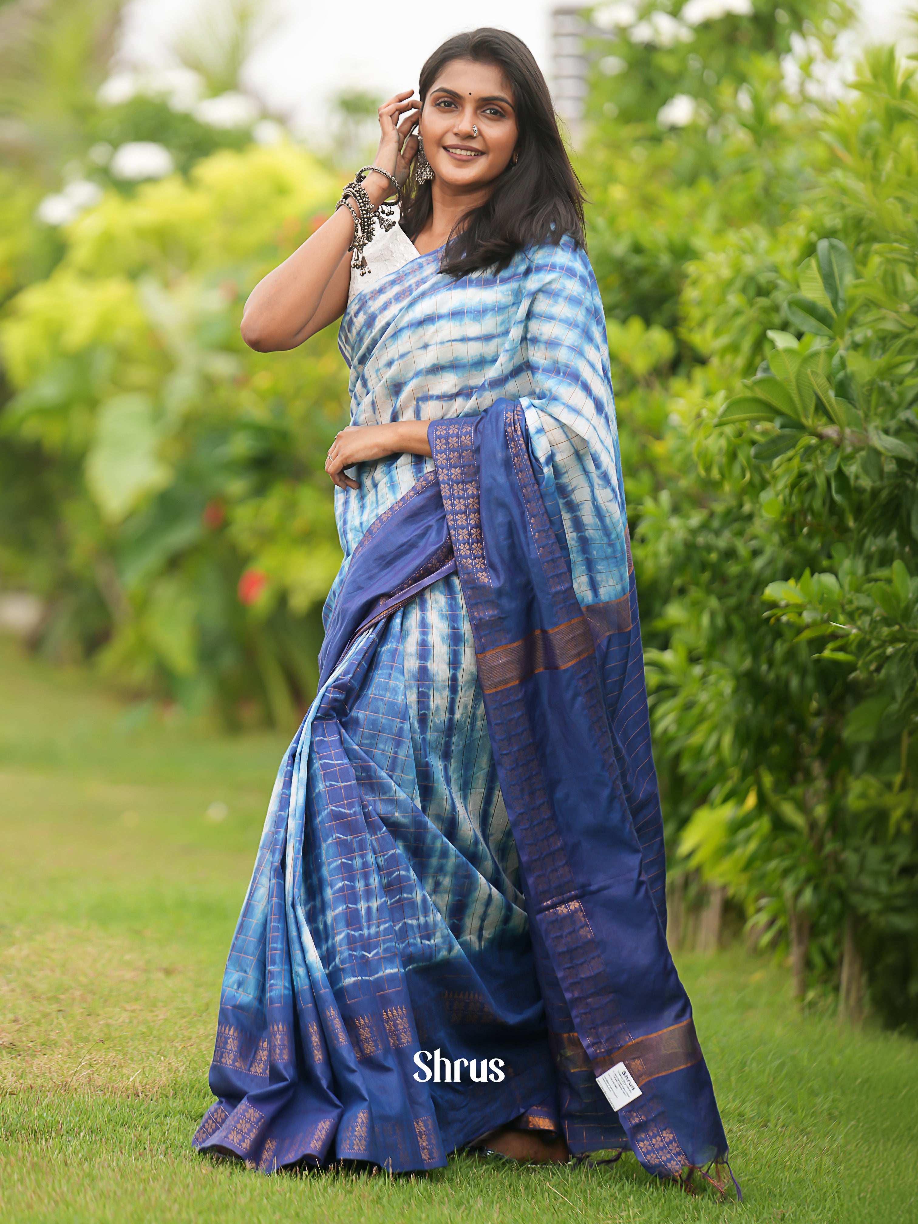 Blue & white - Shibori Saree - Shop on ShrusEternity.com