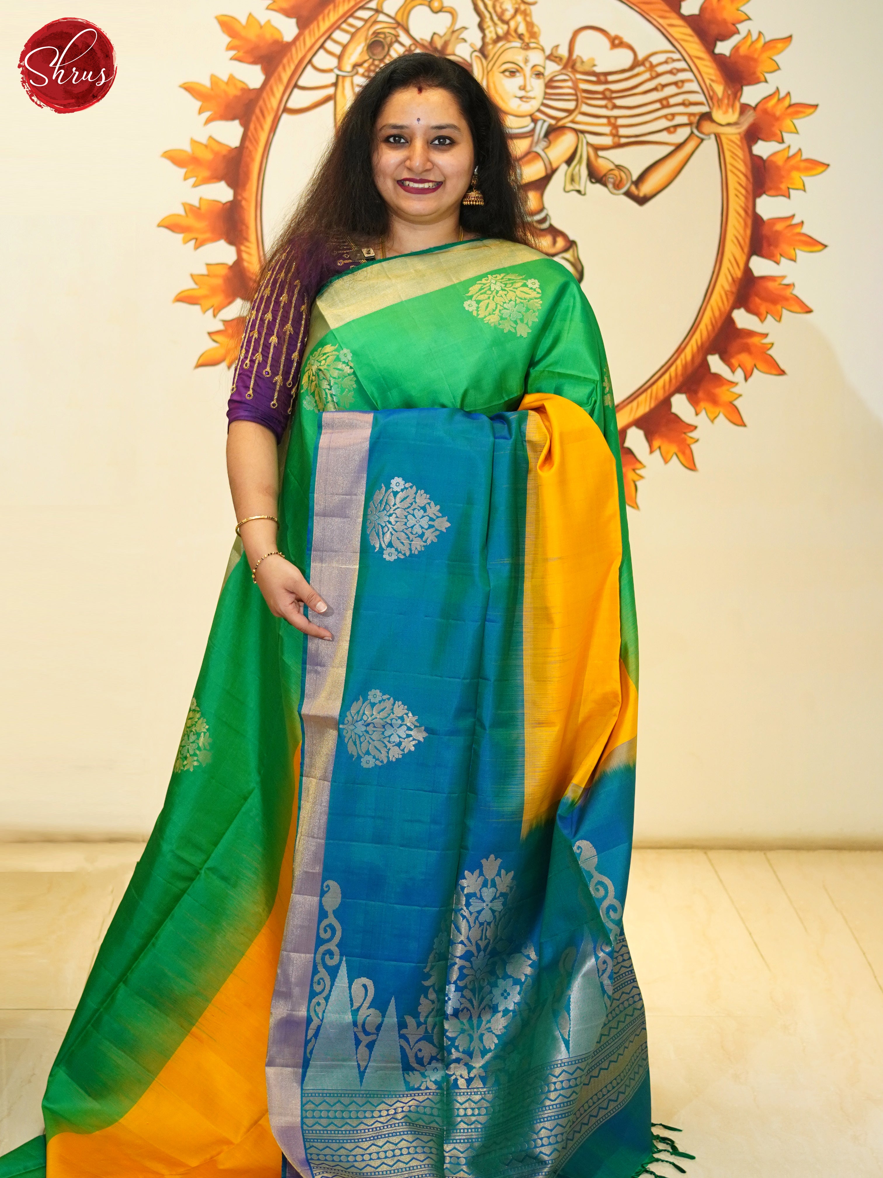 Yellow , Green & Blue- Soft Silk Saree - Shop on ShrusEternity.com