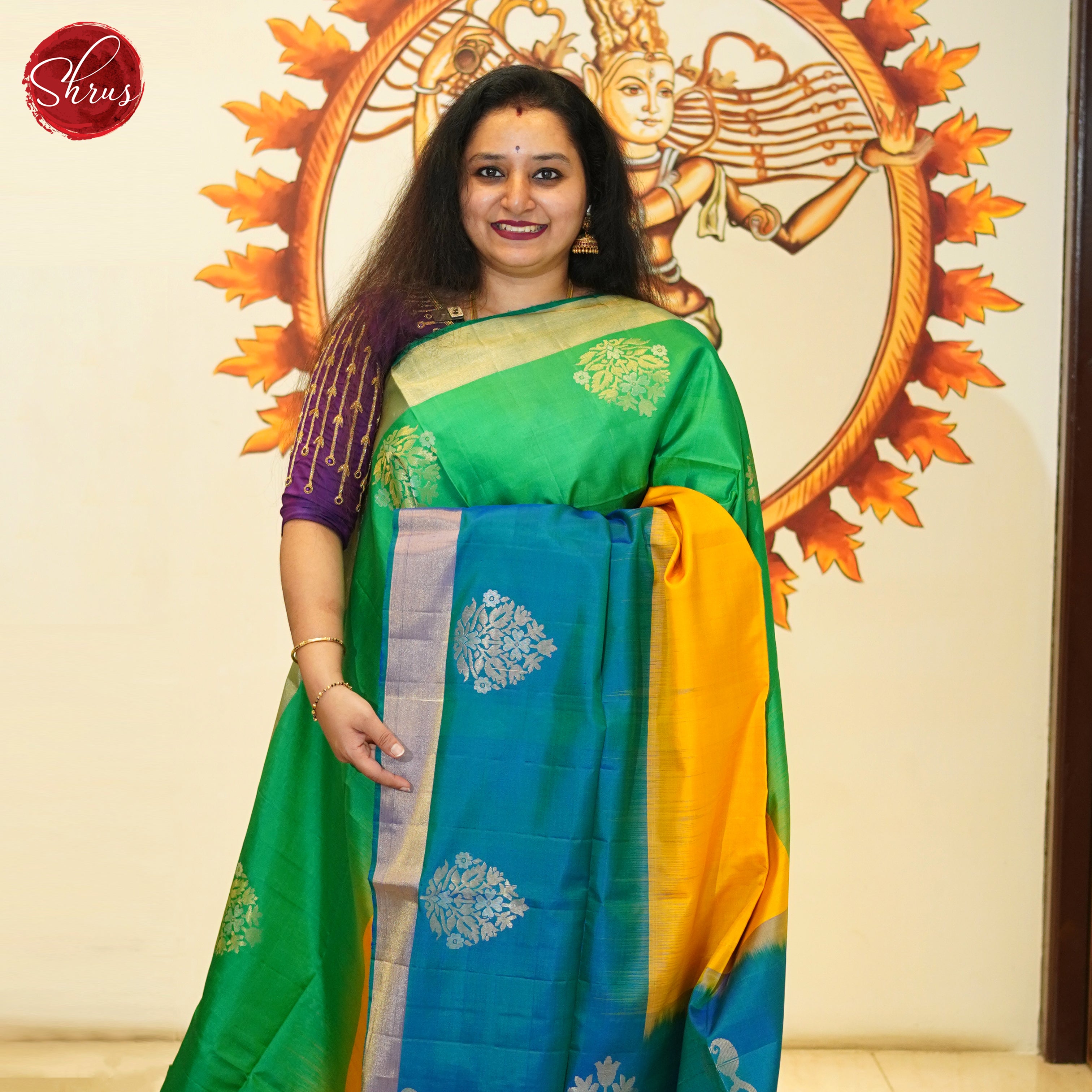 Yellow , Green & Blue- Soft Silk Saree - Shop on ShrusEternity.com