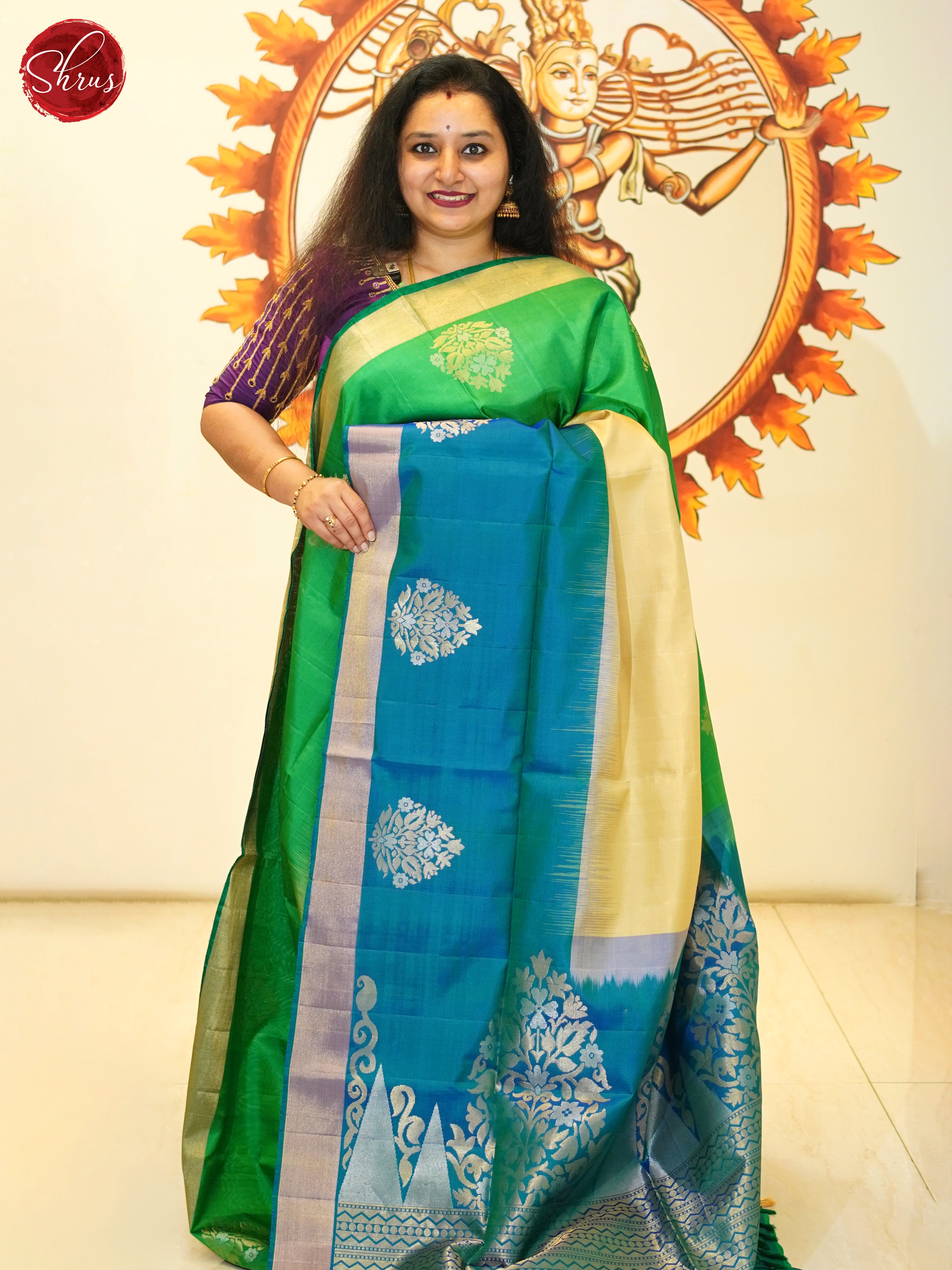 Beige & Green & Blue - Soft Silk Saree - Shop on ShrusEternity.com