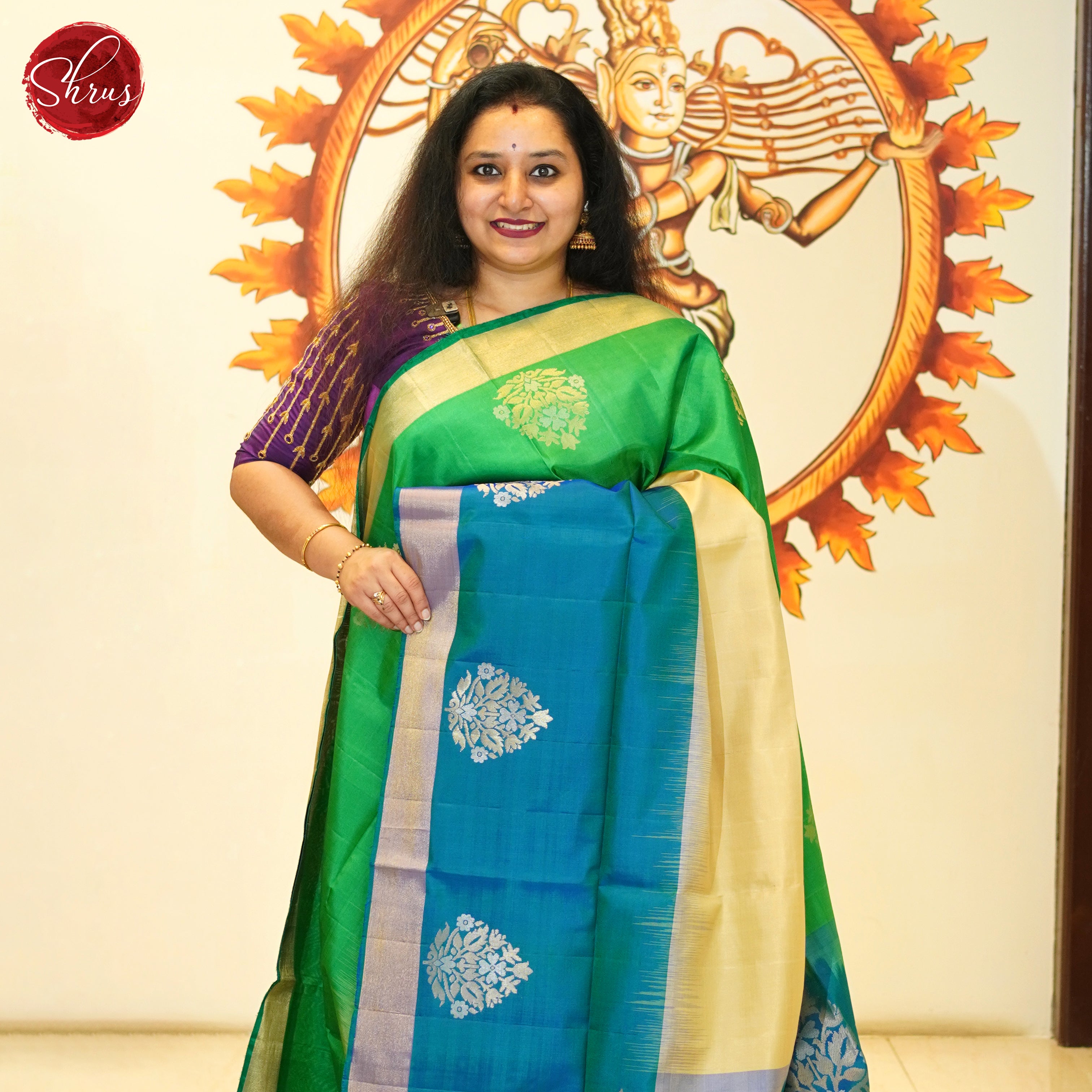 Beige & Green & Blue - Soft Silk Saree - Shop on ShrusEternity.com