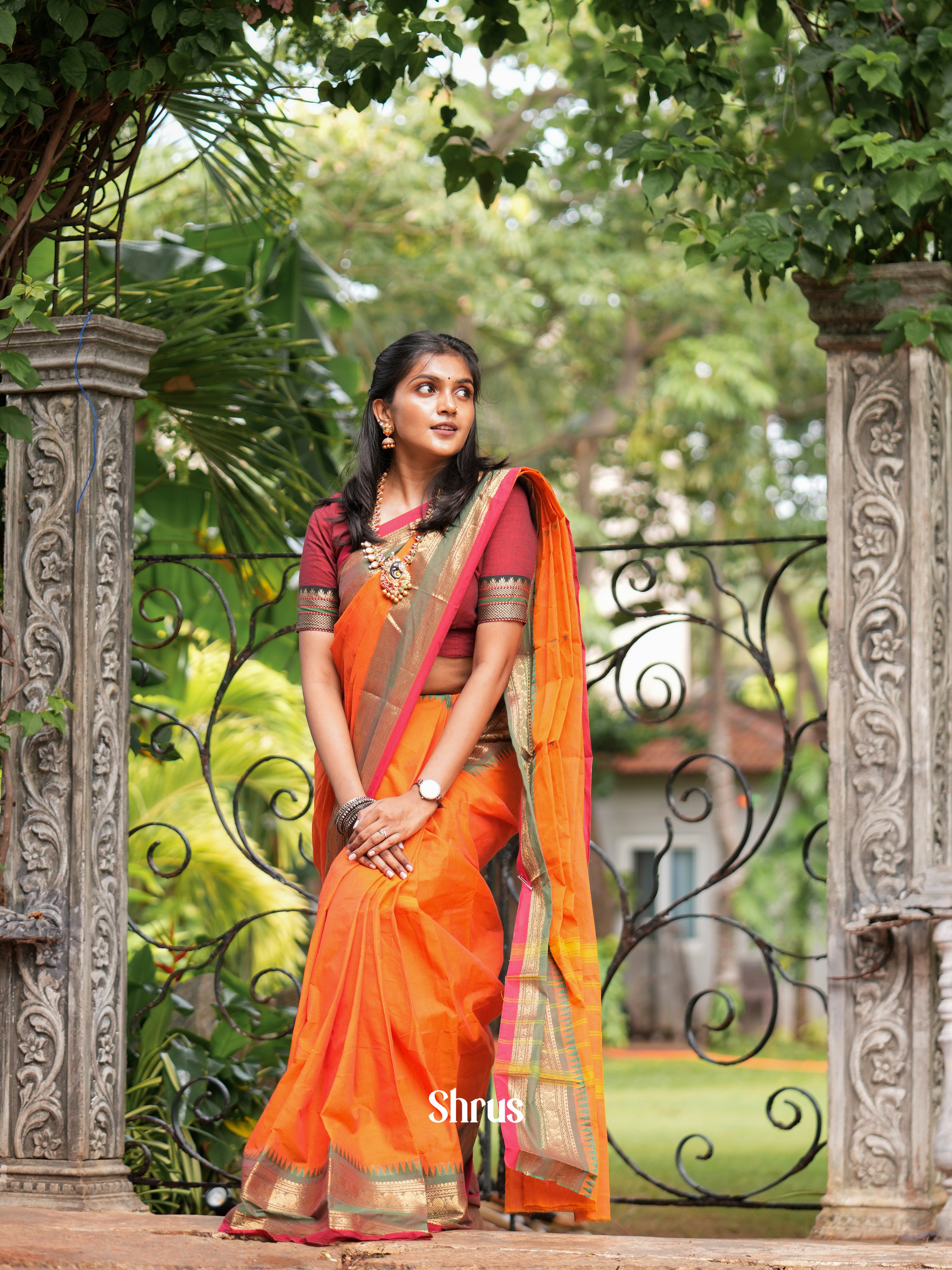 Orange And Green- Chettinad Cotton Saree - Shop on ShrusEternity.com