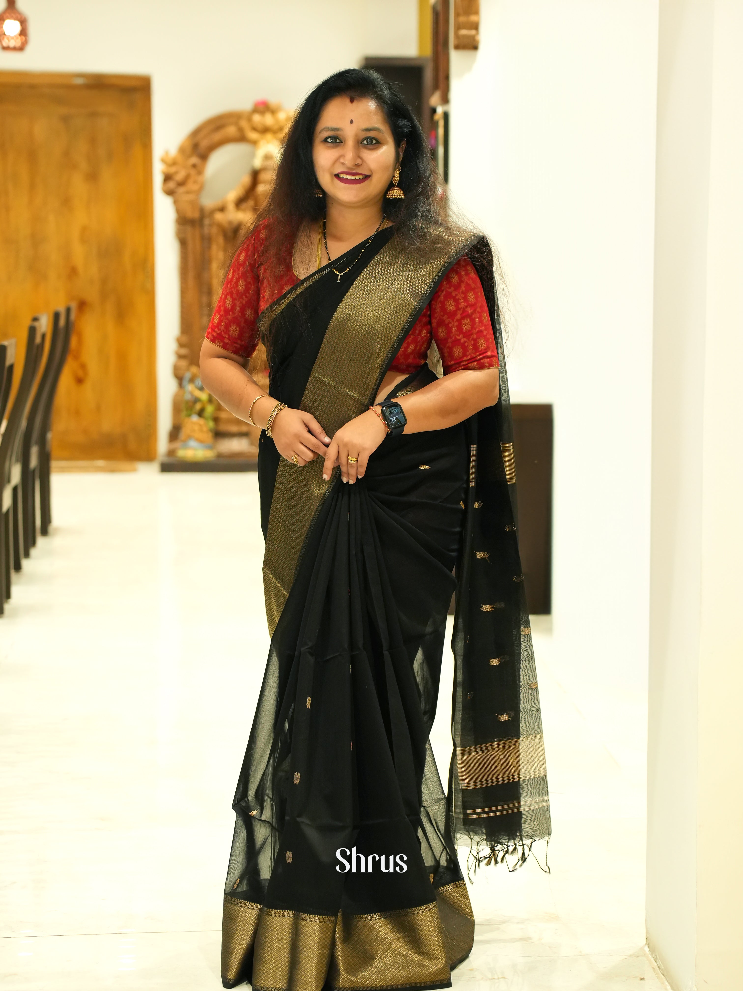 Black(Single Tone) - Maheshwari silkcotton Saree - Shop on ShrusEternity.com