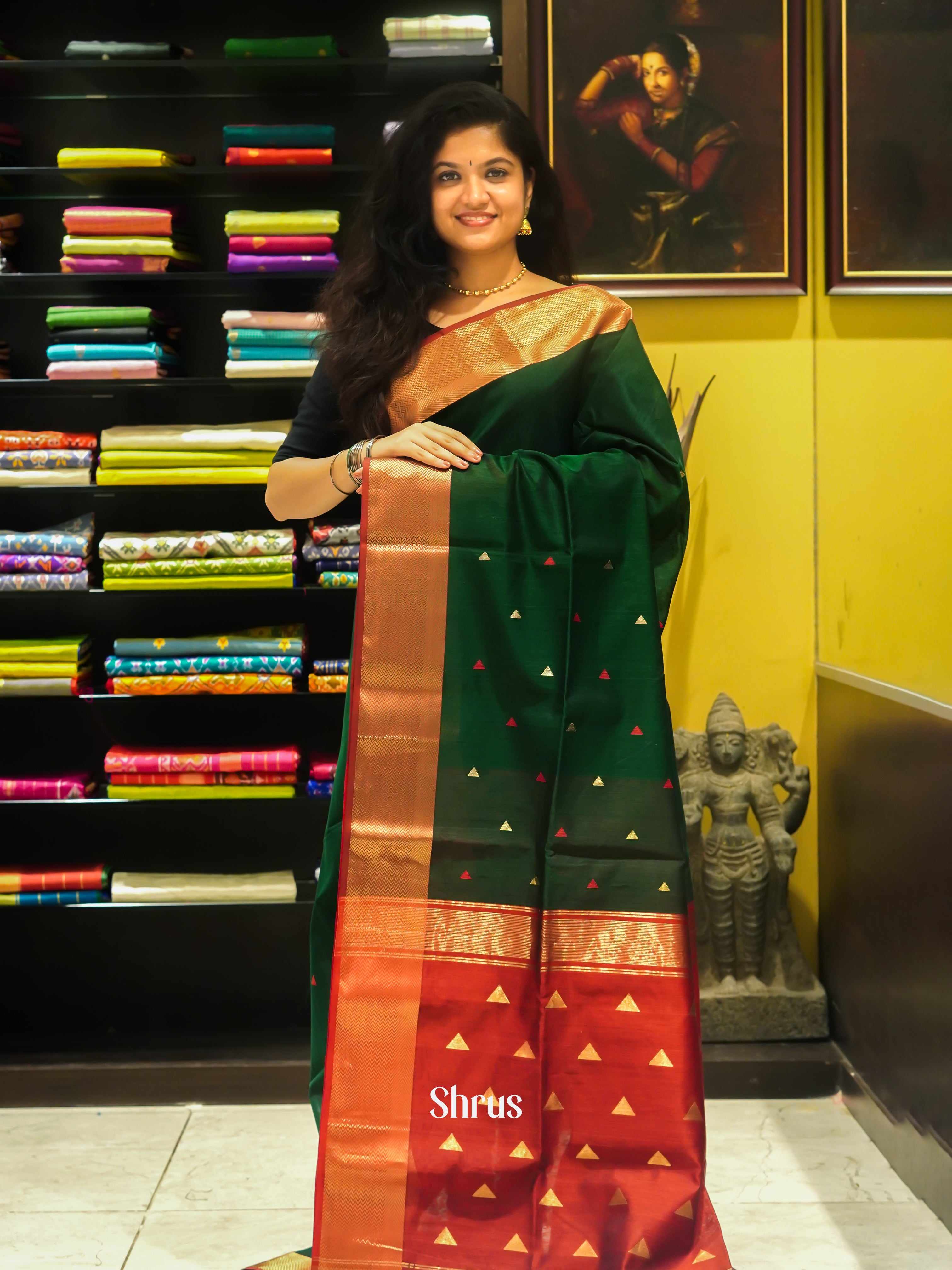 Green & Red - Maheshwari silkcotton Saree - Shop on ShrusEternity.com