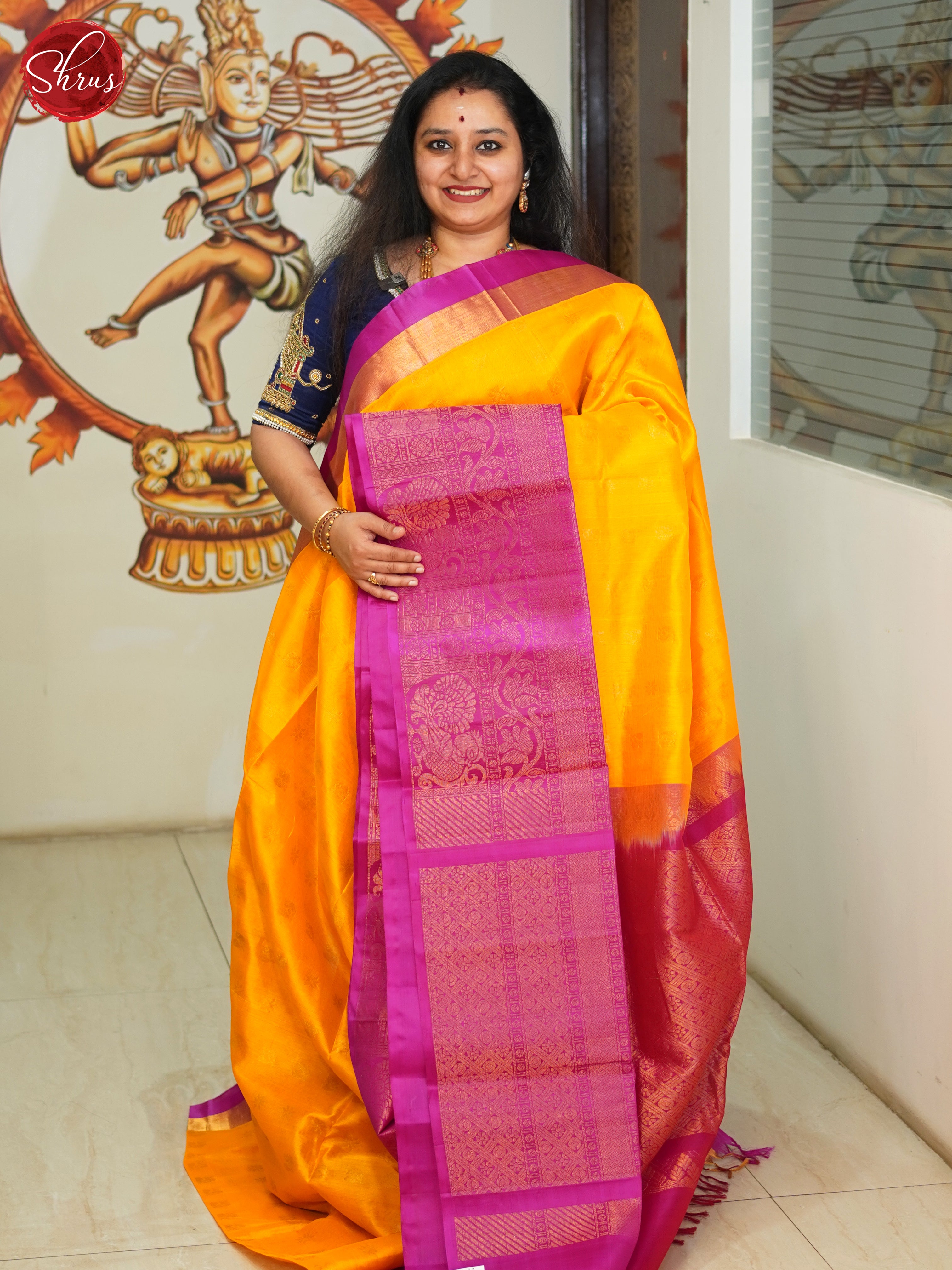 Yellow & Pink- Silk Cotton Saree - Shop on ShrusEternity.com