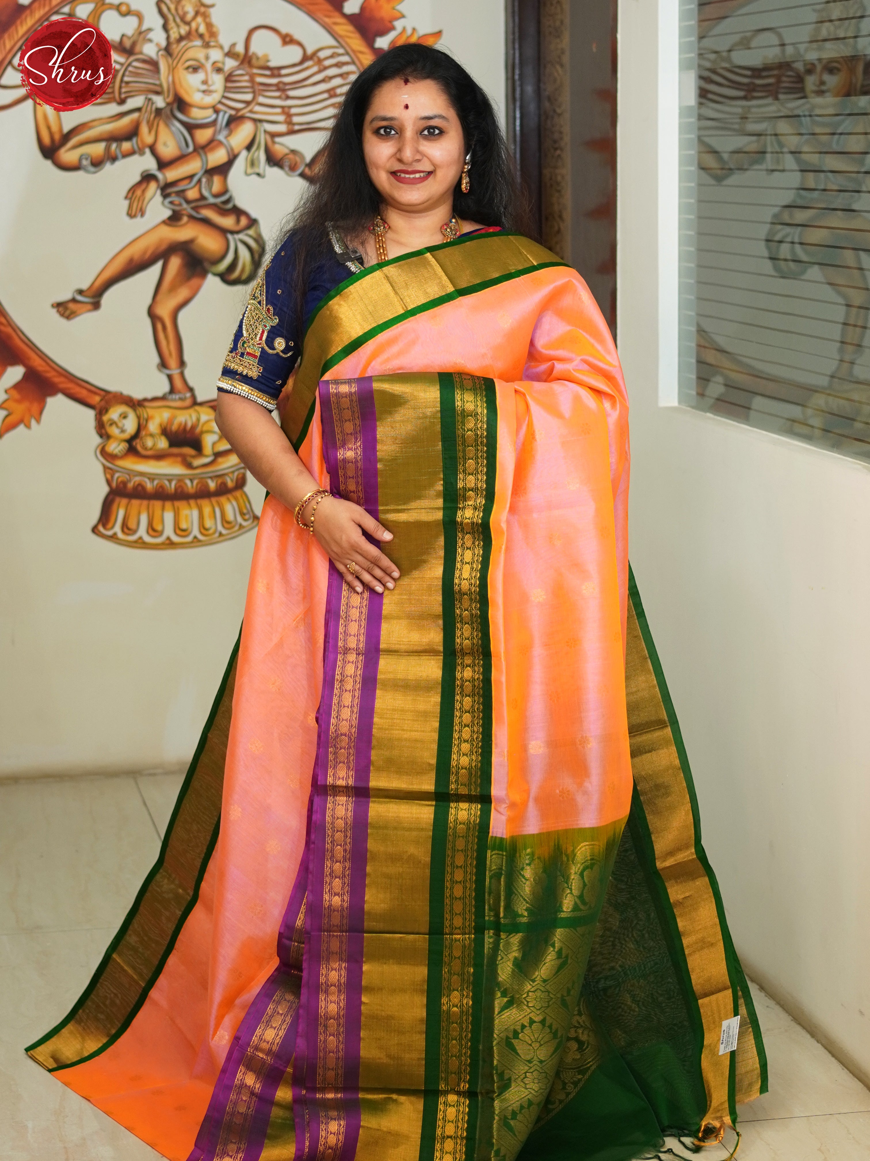 Peachish Pink And Green- Silk Cotton Saree - Shop on ShrusEternity.com