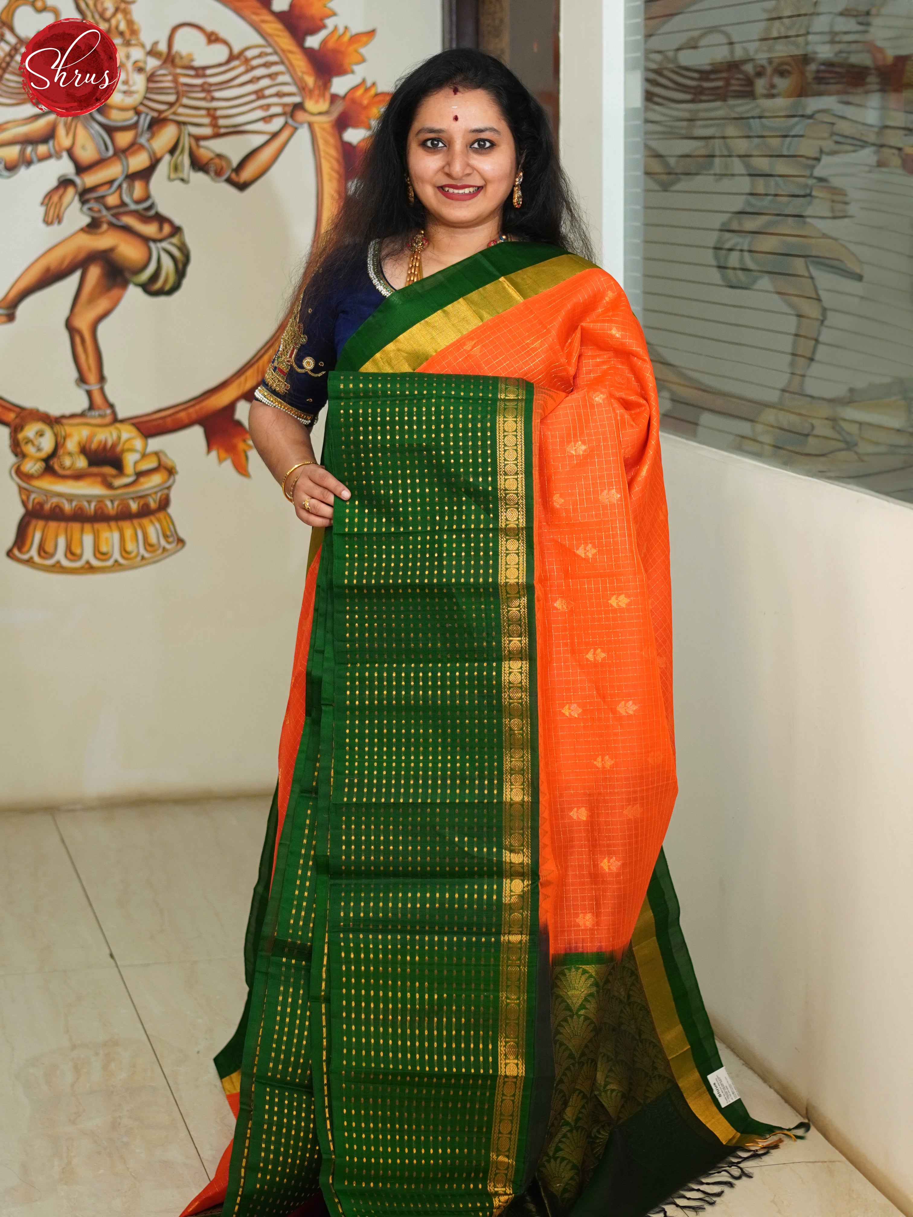 Orange And Green- Silk Cotton Saree - Shop on ShrusEternity.com