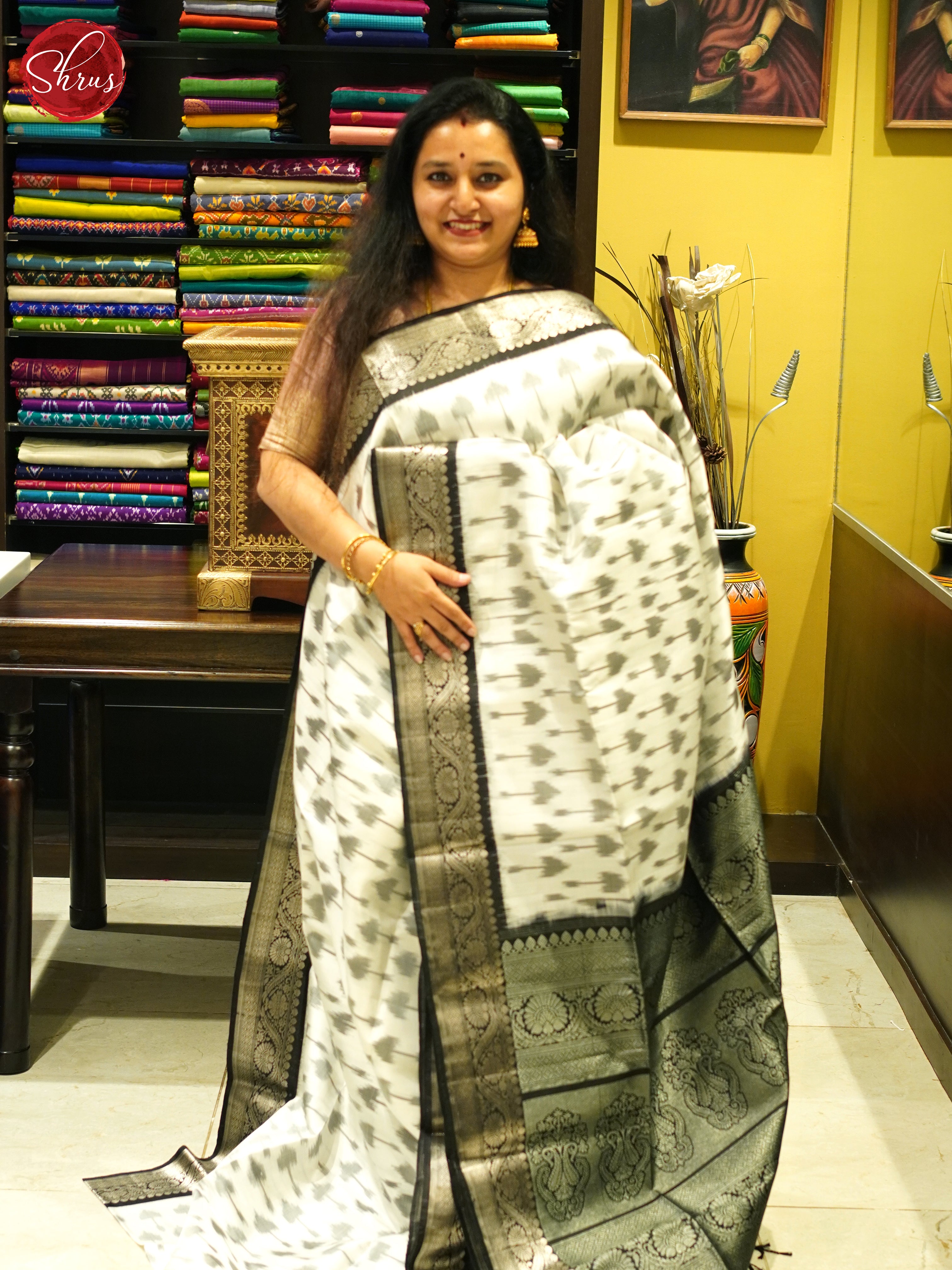 Cream And Black- Soft Silk Saree - Shop on ShrusEternity.com