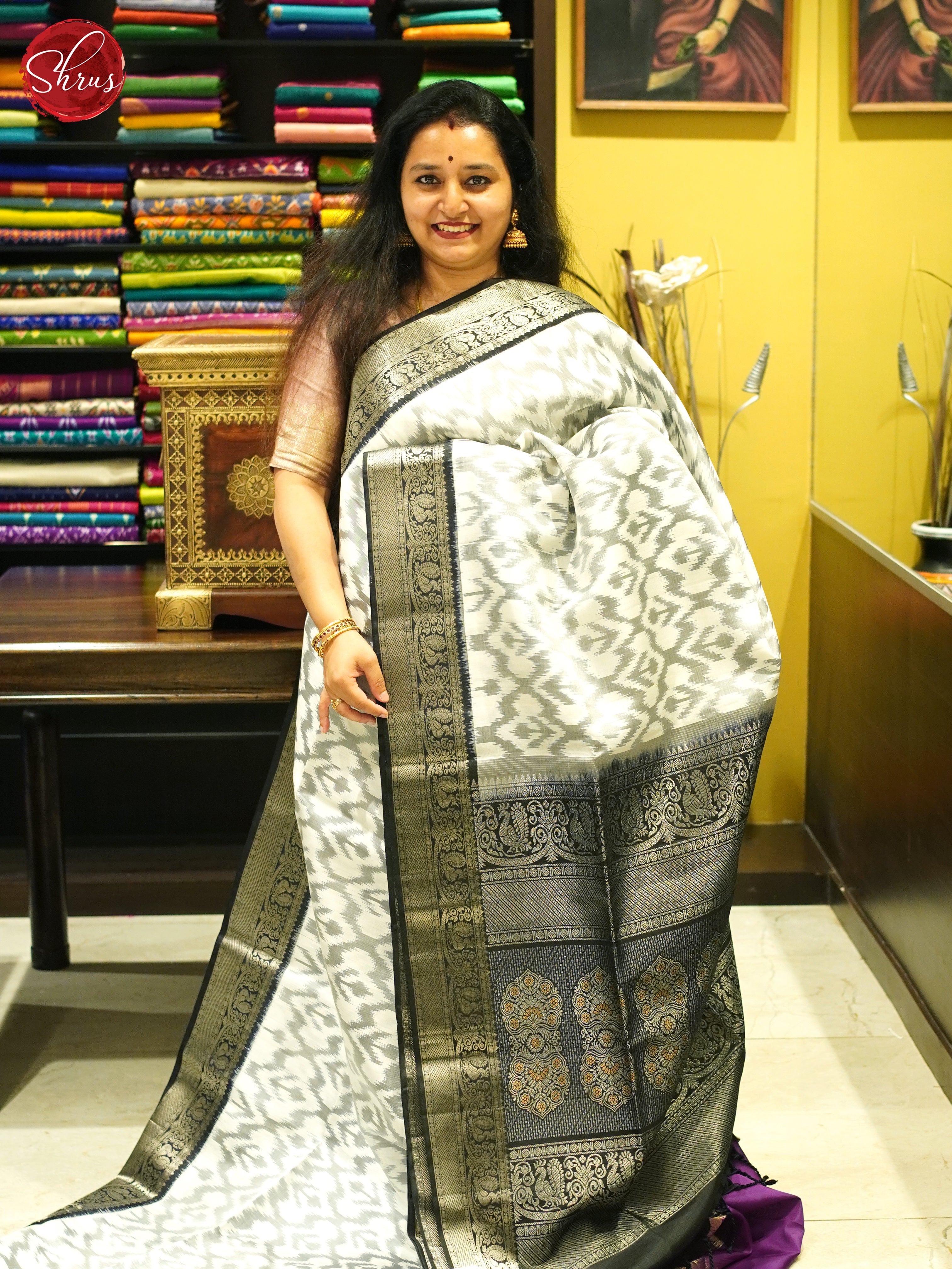 Cream And Black- Soft Silk Saree - Shop on ShrusEternity.com