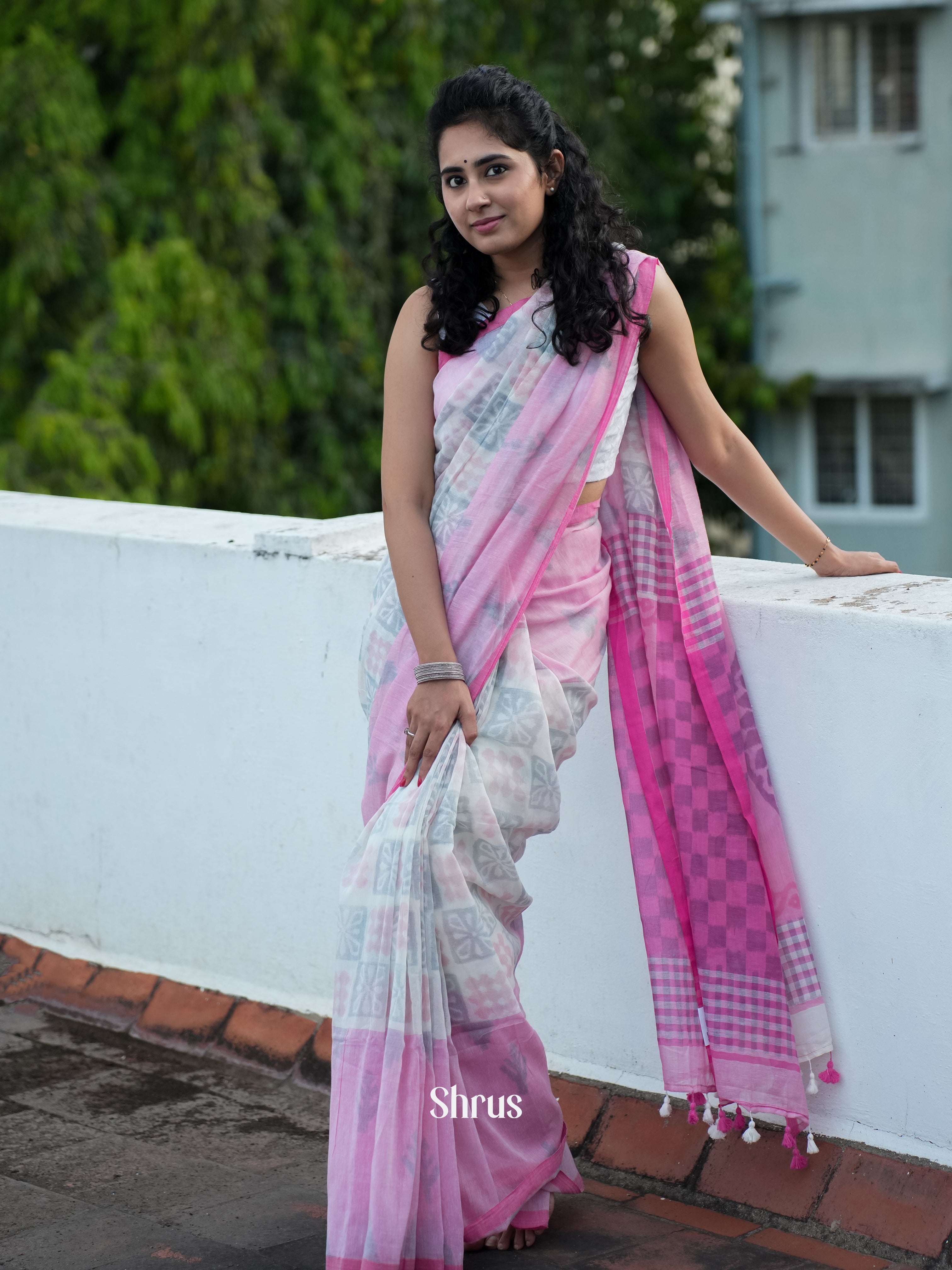 Pink & Cream - Bengal cotton Saree - Shop on ShrusEternity.com