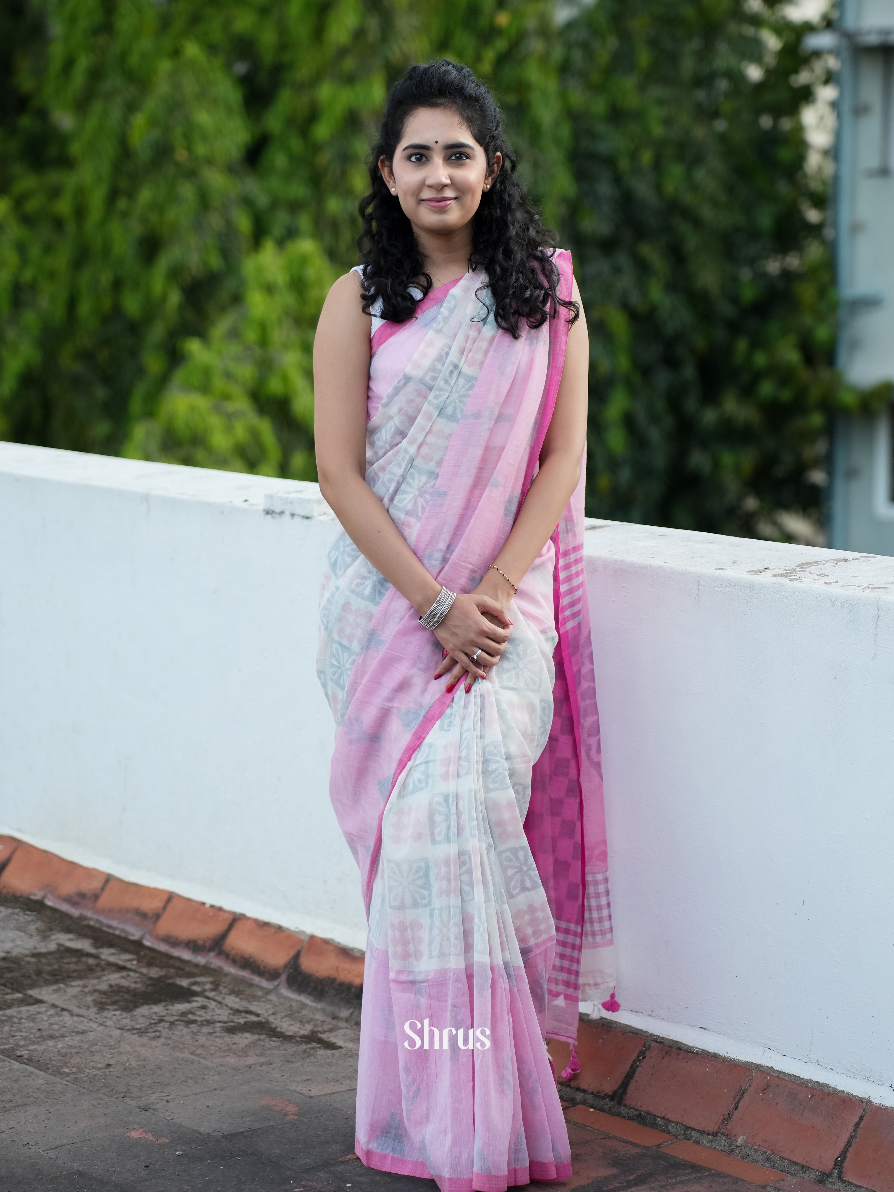 Pink & Cream - Bengal cotton Saree - Shop on ShrusEternity.com