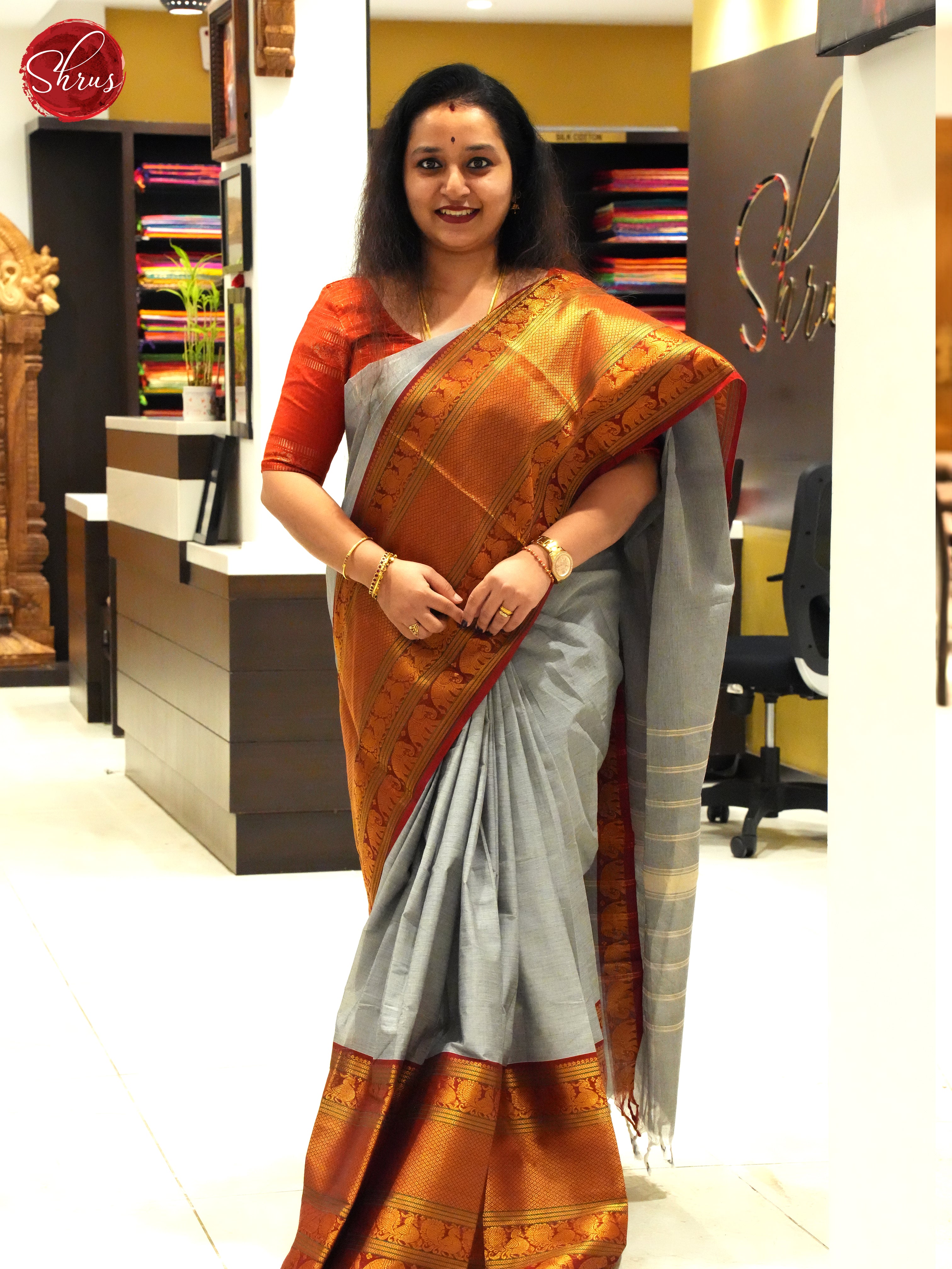 Grey & Maroon - Chettinad Cotton Saree - Shop on ShrusEternity.com