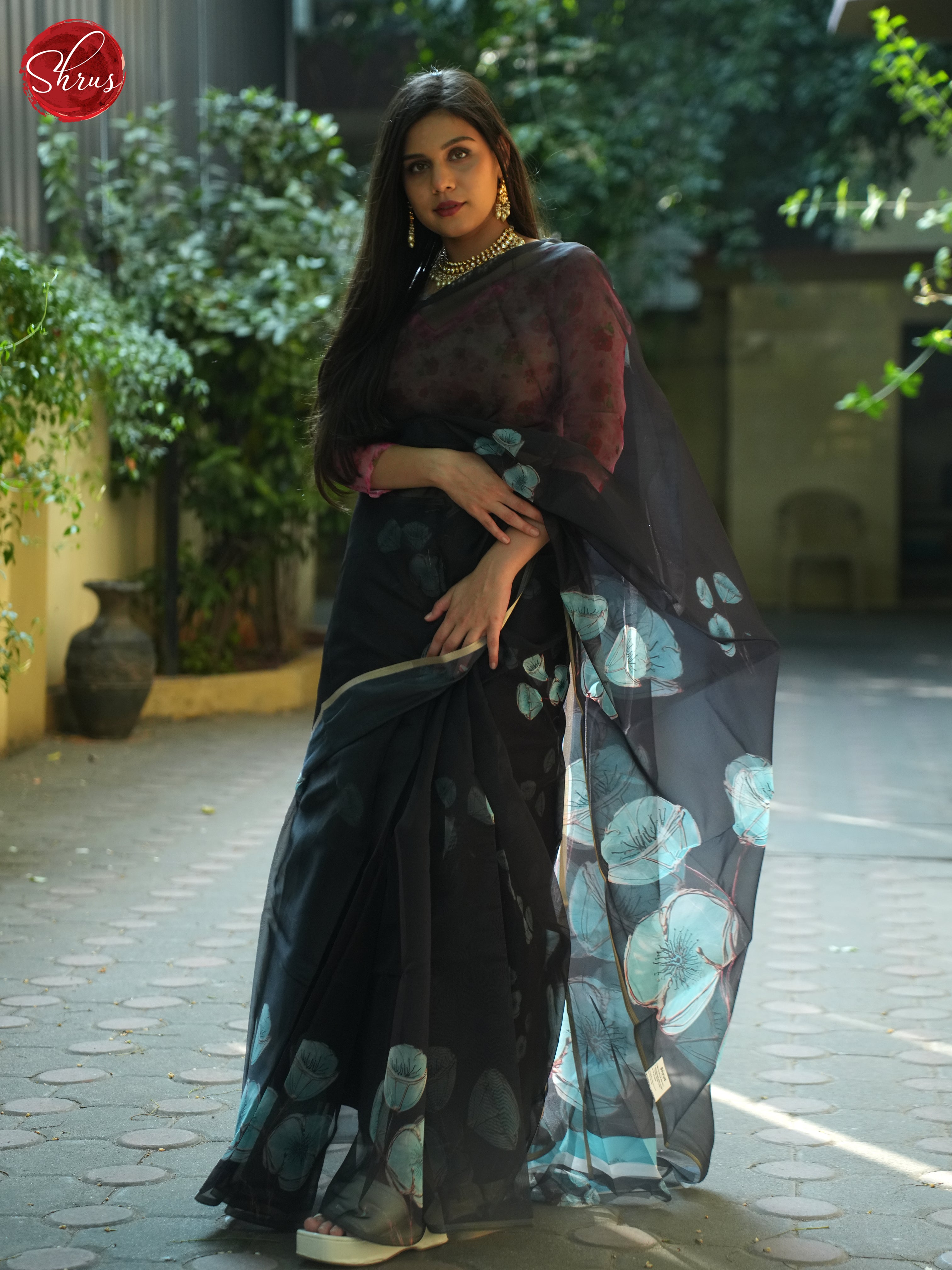 Black(single tone)-Semi organza saree - Shop on ShrusEternity.com