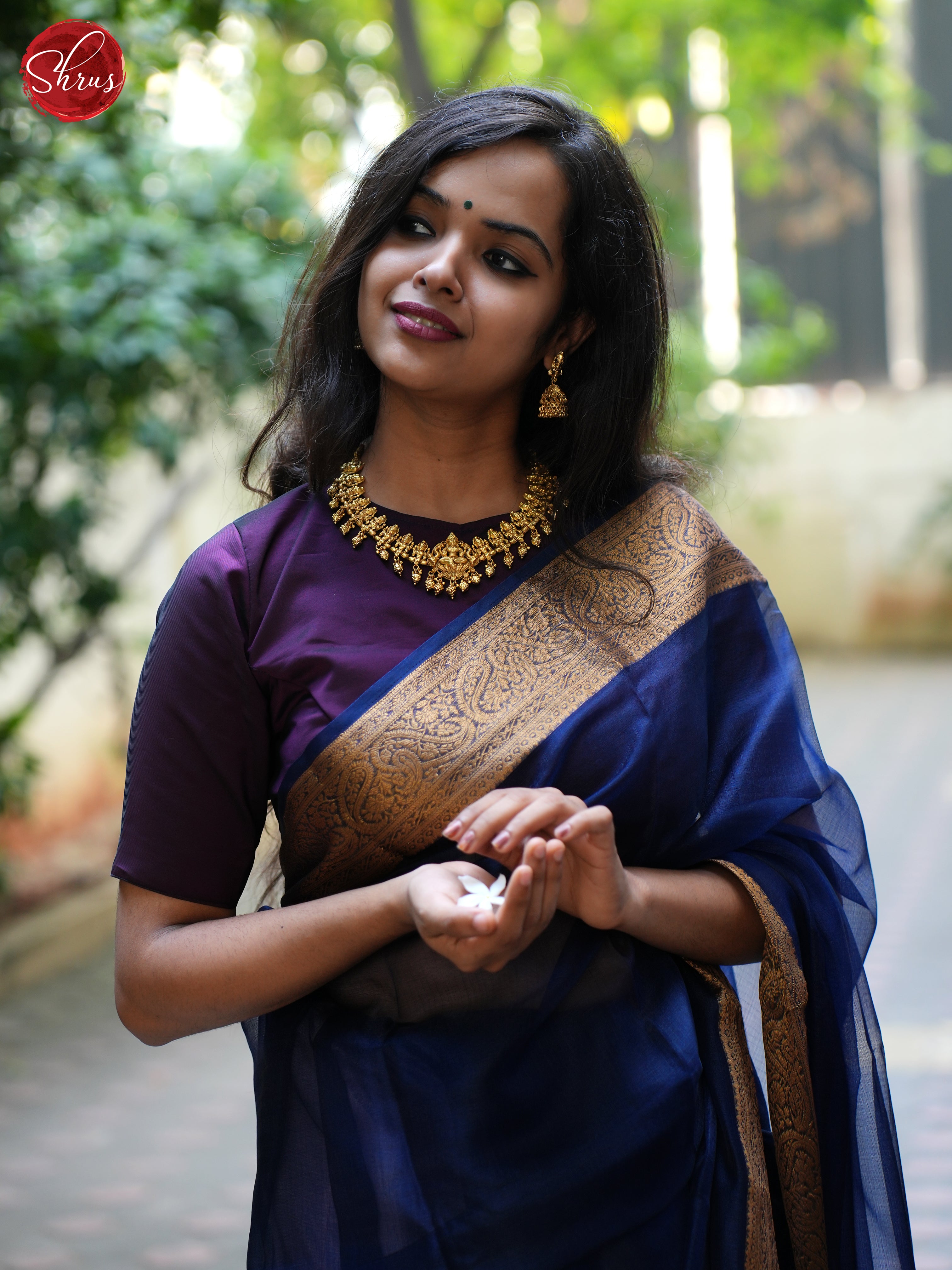 Navy Blue (Single Tone) - Semi Organza Saree with rich Zari Border - Shop on ShrusEternity.com