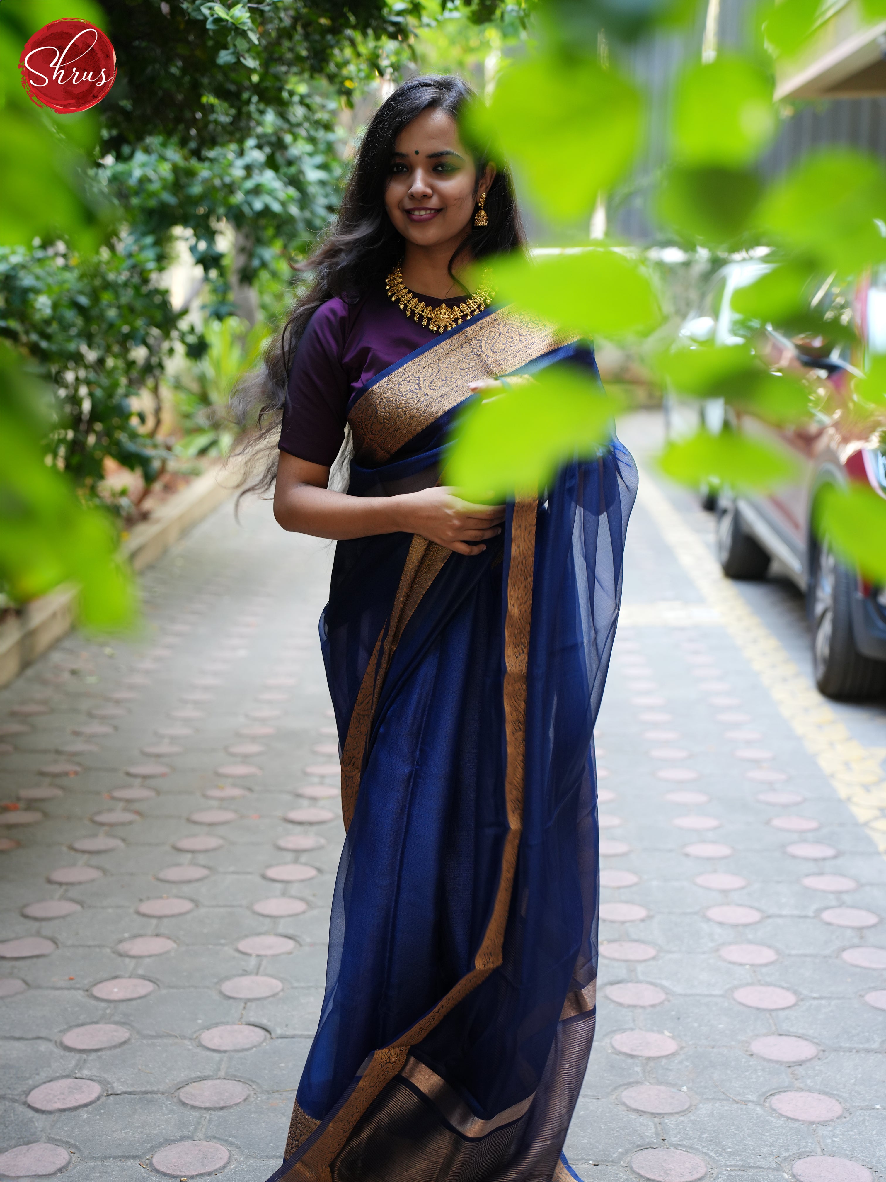 Navy Blue (Single Tone) - Semi Organza Saree with rich Zari Border - Shop on ShrusEternity.com
