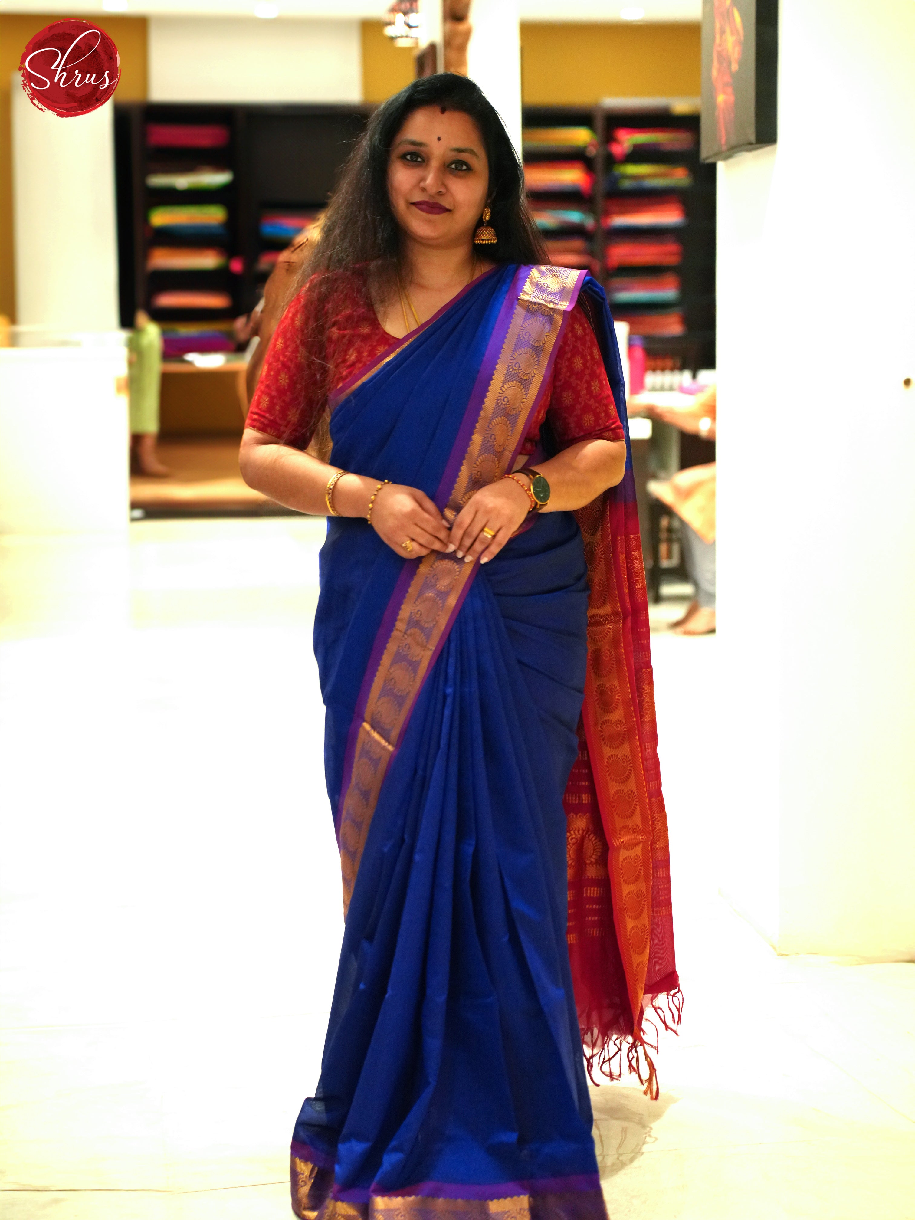 Blue And Red- Silk Cotton half-pure Saree - Shop on ShrusEternity.com