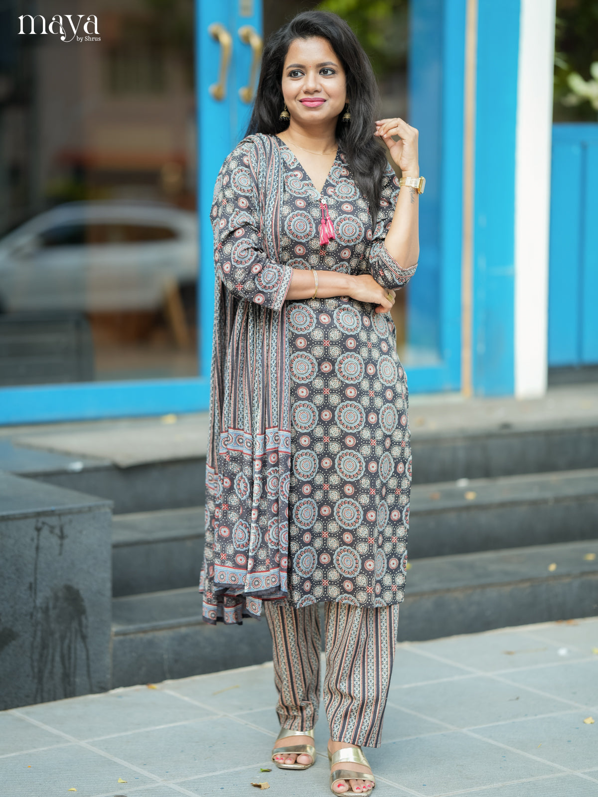 Black Cotton 3pc Salwar Suit with Ajrakh Print - Top, Bottom & Dupatta - Shop on Shrus.com