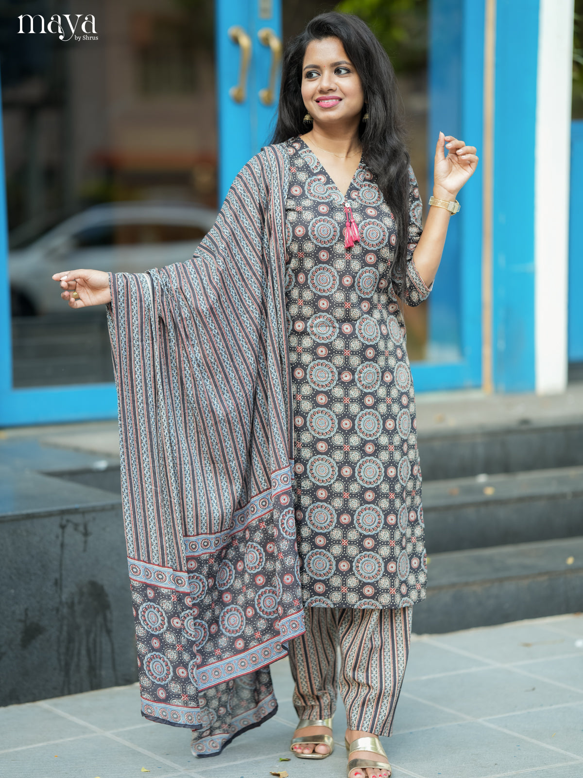 Black Cotton 3pc Salwar Suit with Ajrakh Print - Top, Bottom & Dupatta - Shop on Shrus.com