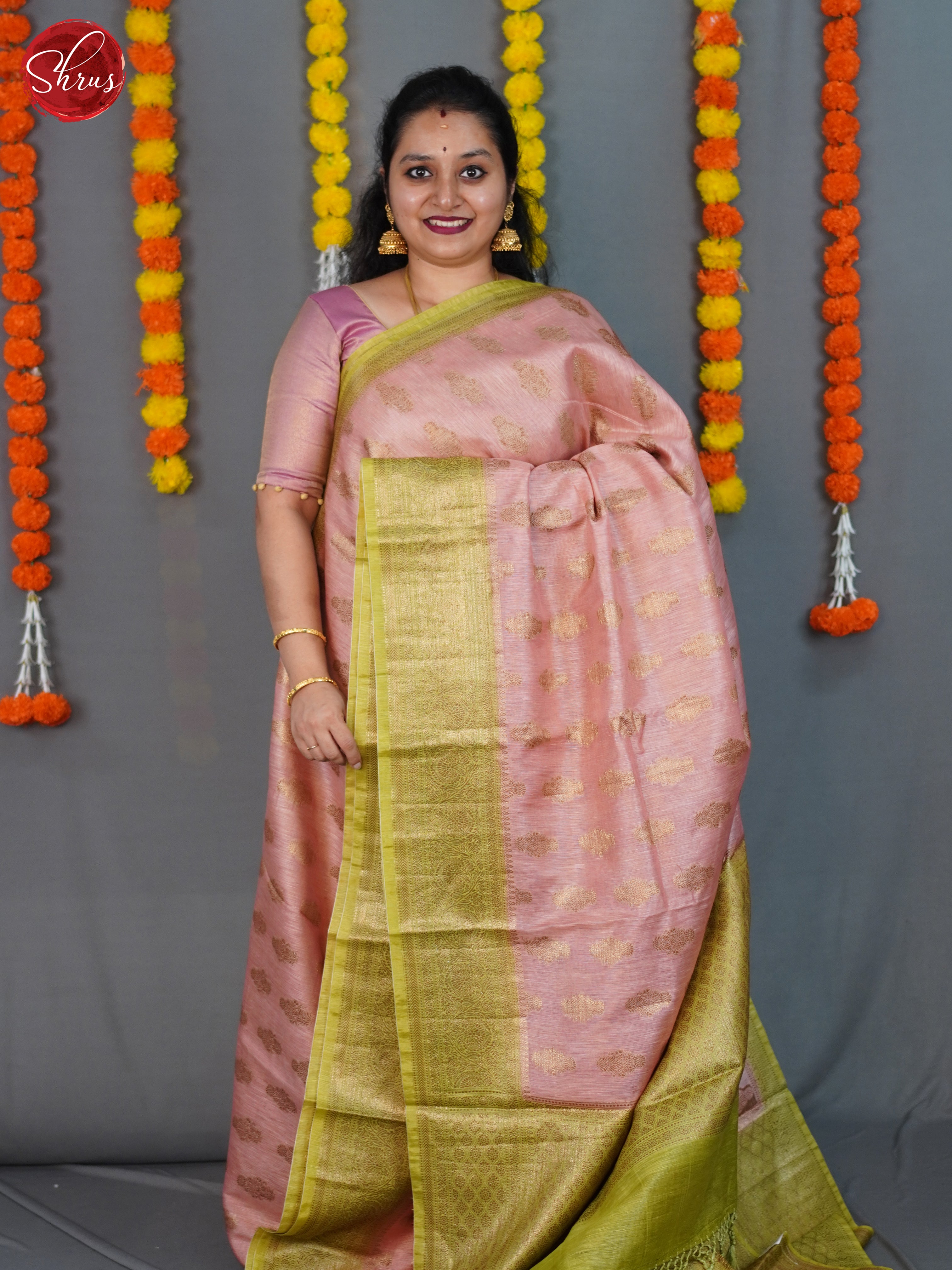 Peachish Pink & Green - Muslin Silk Saree - Shop on ShrusEternity.com