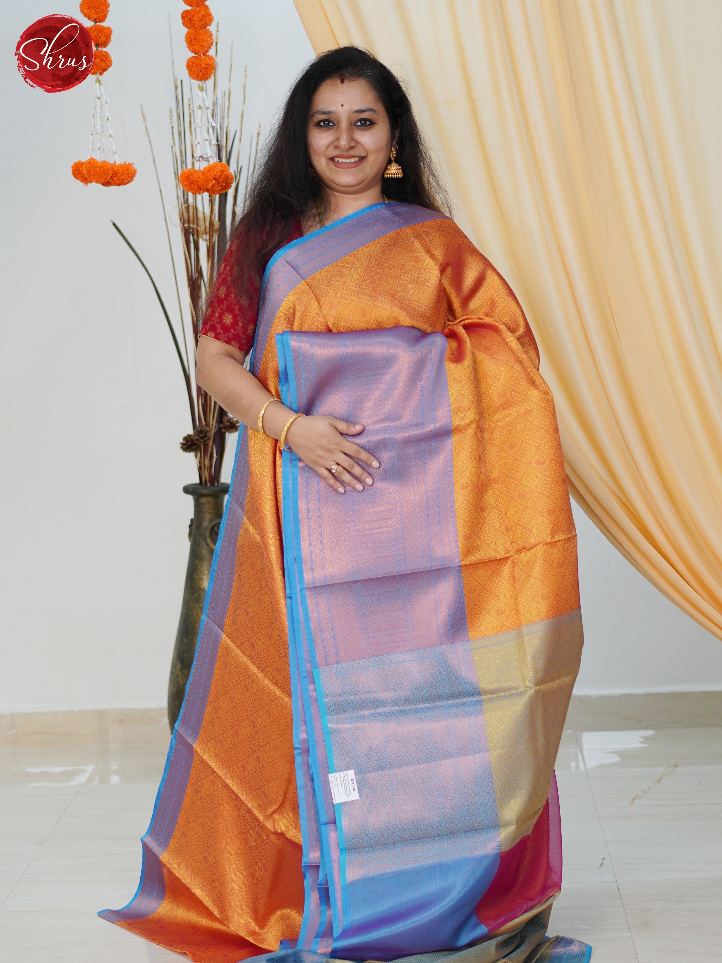 Orange & Blue - Semi Tanchoi Saree - Shop on ShrusEternity.com