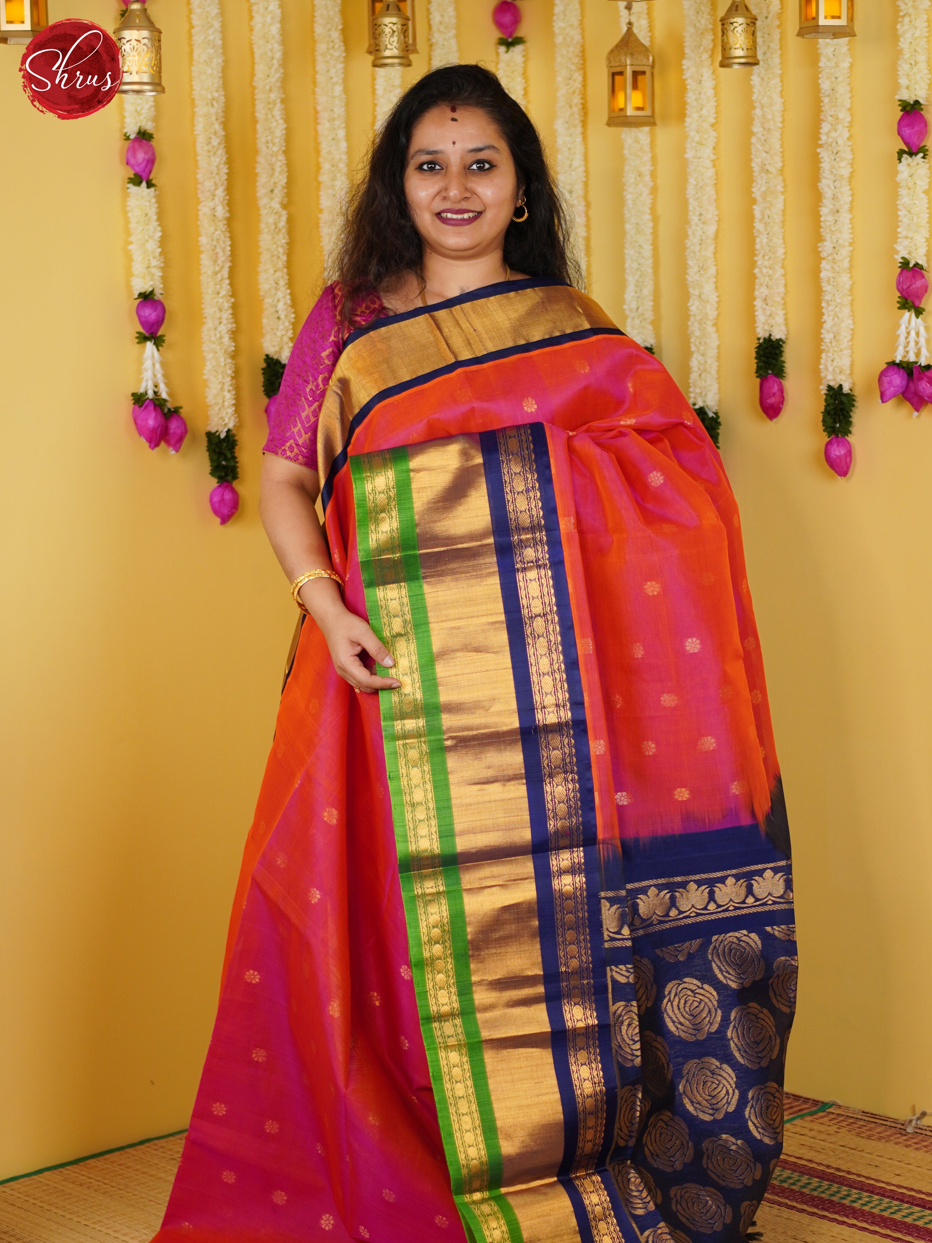 Pink & Blue - Silk Cotton Saree - Shop on ShrusEternity.com
