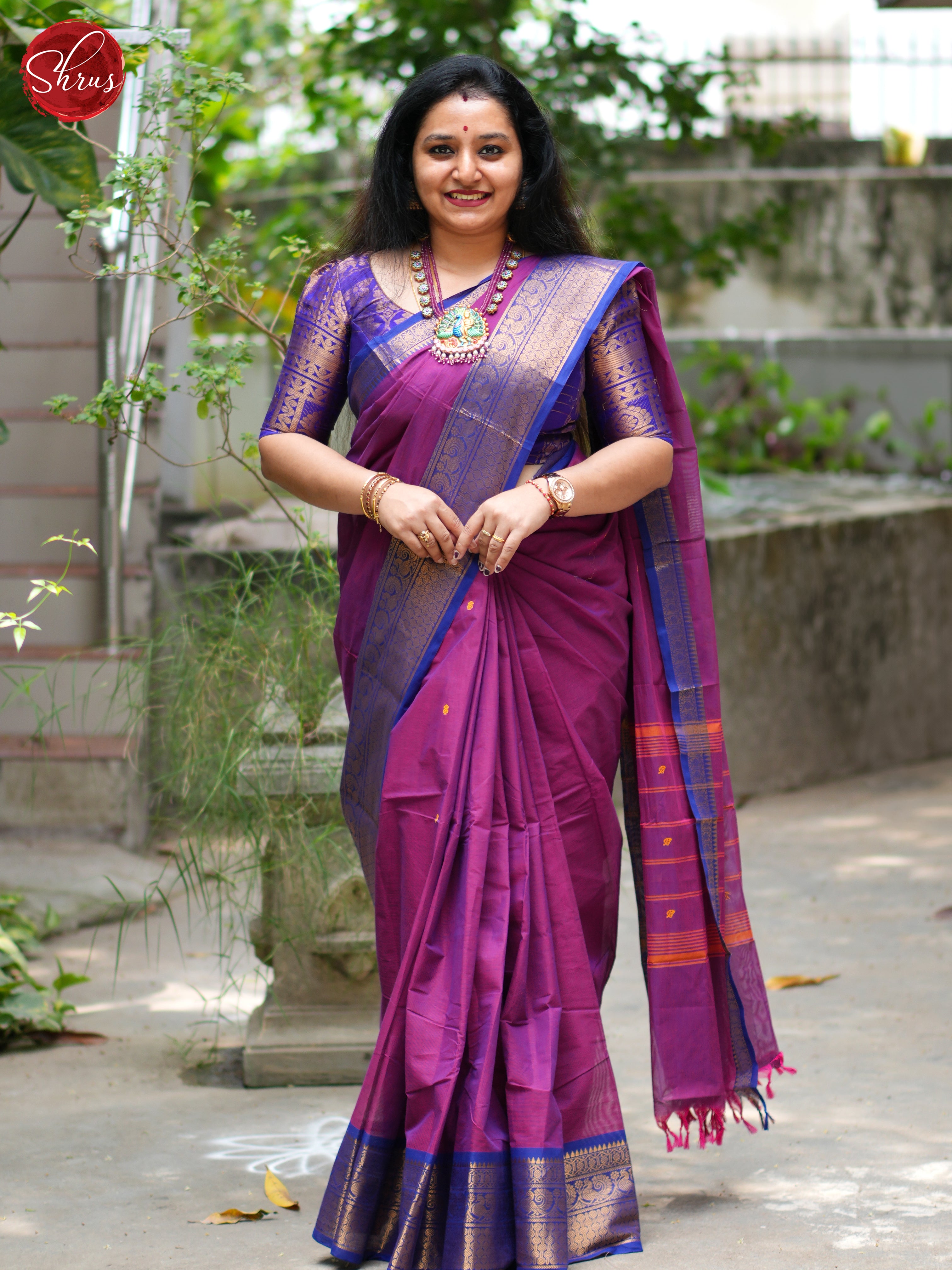 Purple & Blue - Chettinad Cotton Saree - Shop on ShrusEternity.com