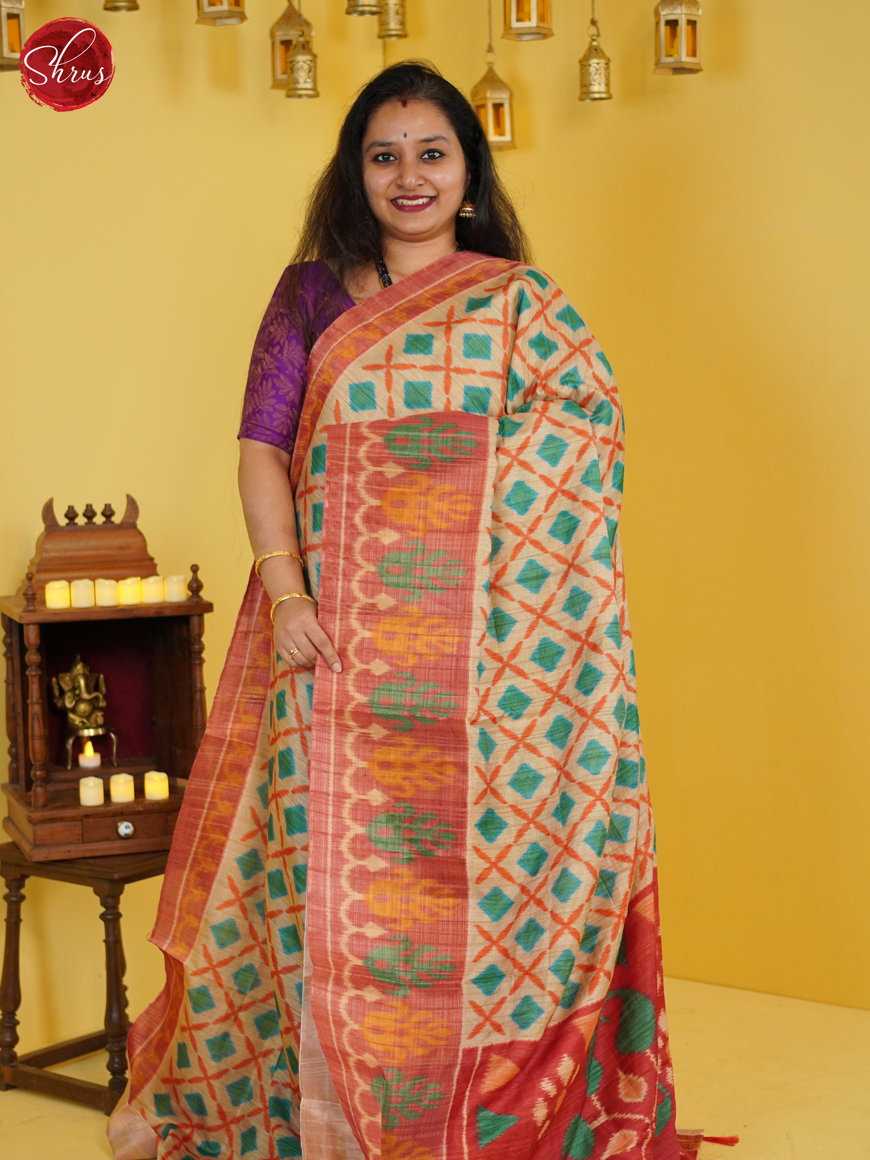 Beige & Orange - Semi Pochampally Saree - Shop on ShrusEternity.com