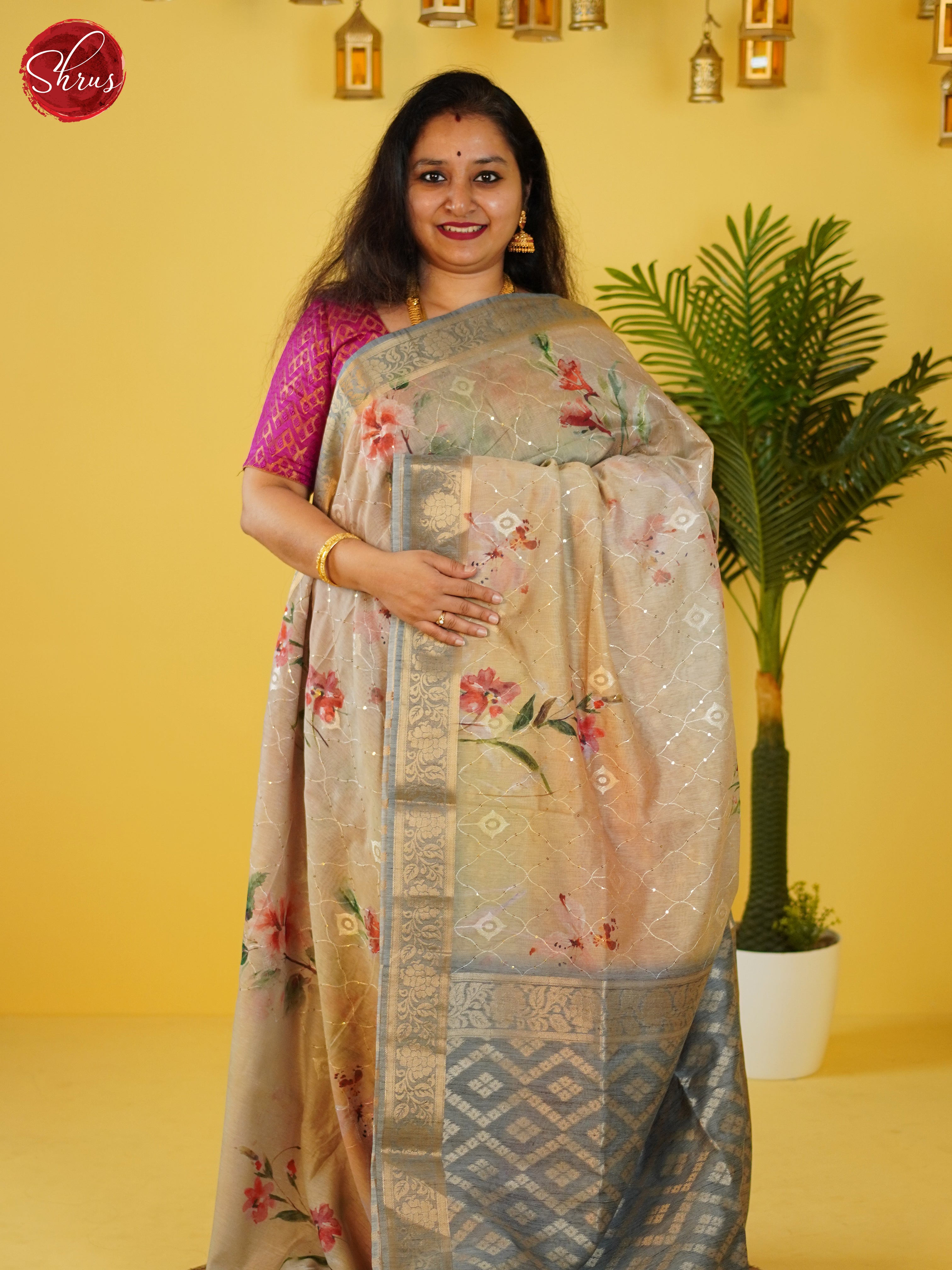 Beige & Grey- Semi Jute Saree - Shop on ShrusEternity.com