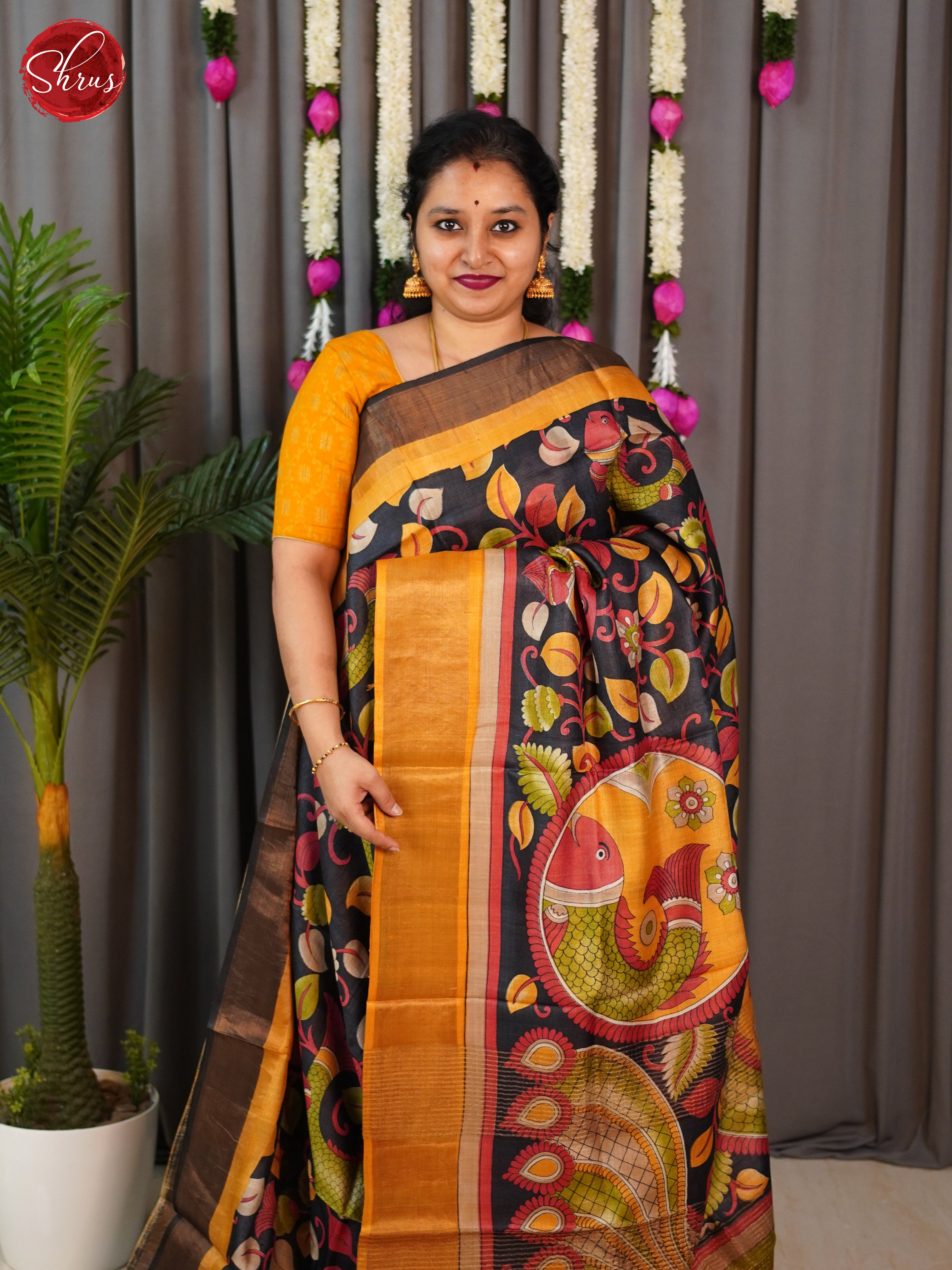 Black & Golden Mustard- Tussar Saree - Shop on ShrusEternity.com