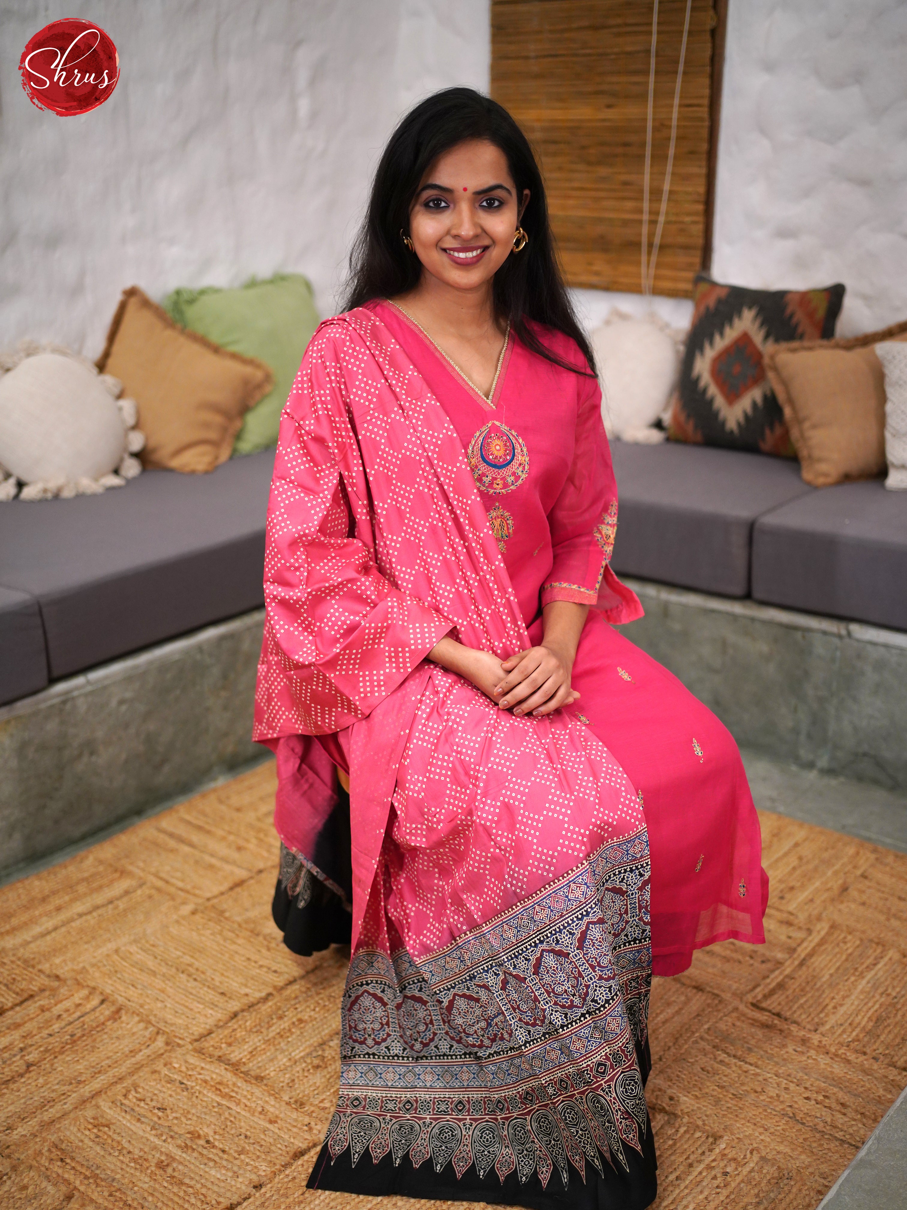 Red - Tussar V-NEck embroidered 3-pc Salwar - Shop on ShrusEternity.com